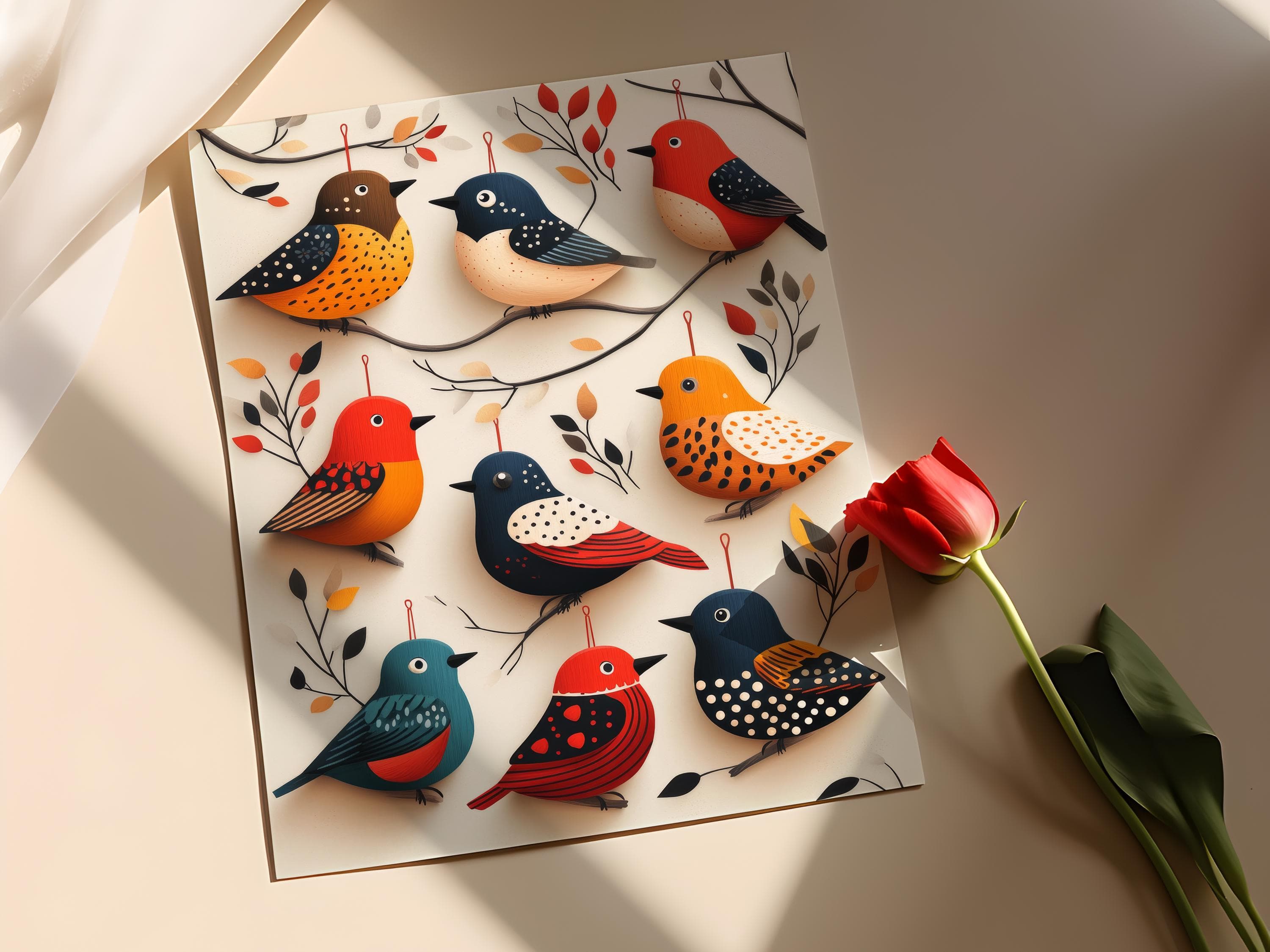 Polish Wycinanki Bird Ornament Illustration, Folk Wooden Art Print - image 3
