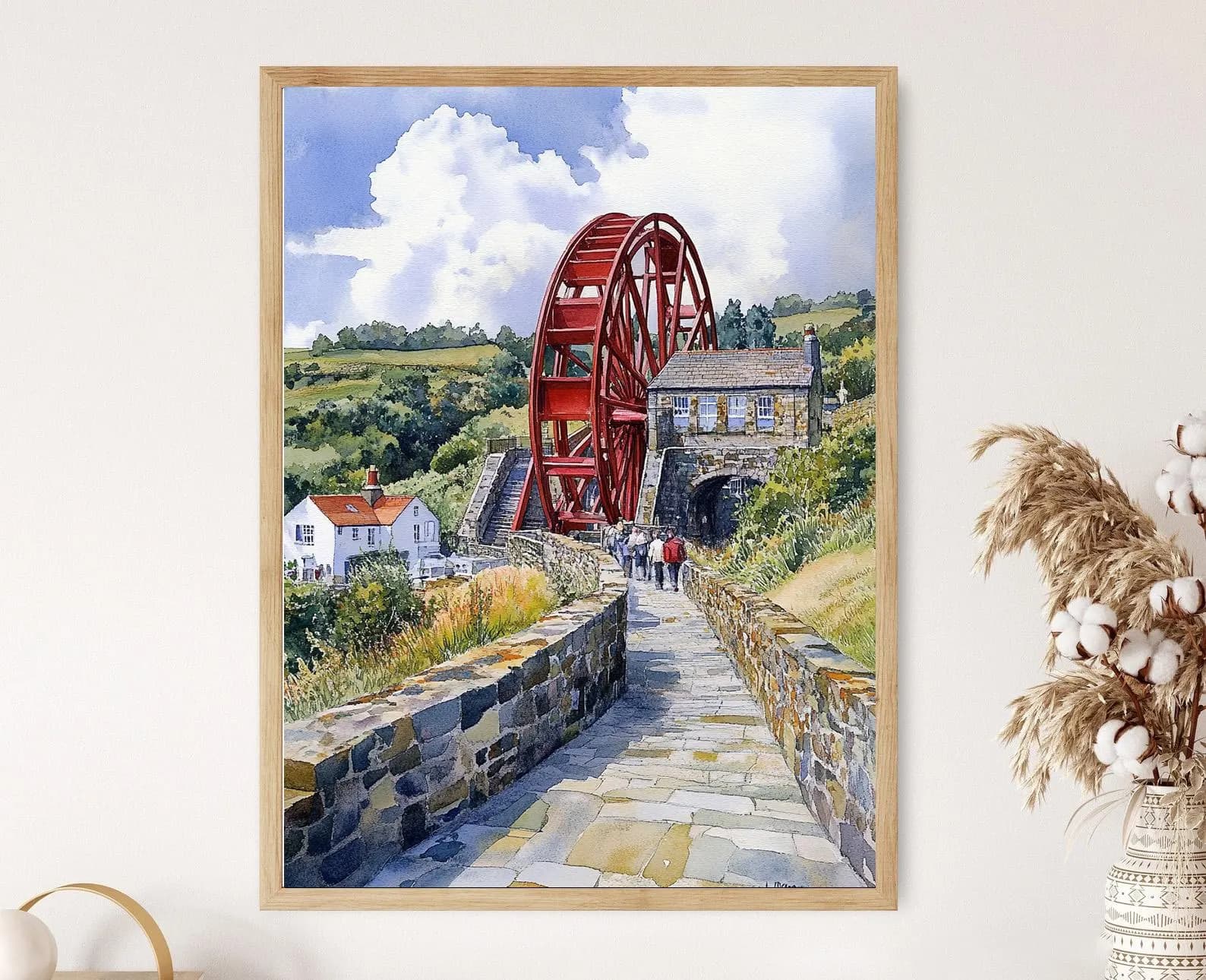 Isle of Man Laxey Wheel Painting, Heritage Hillside Scene Fine Art Print
