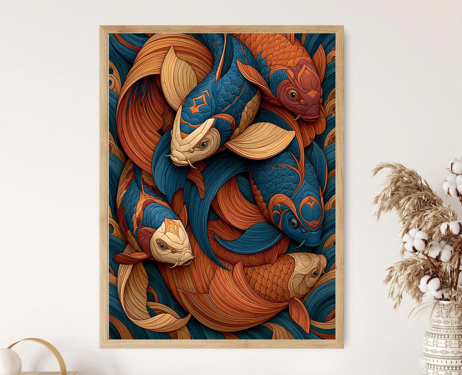 Tessellated Koi Fish,Blue Orange Indigo Wave Pattern, Fine Art Print