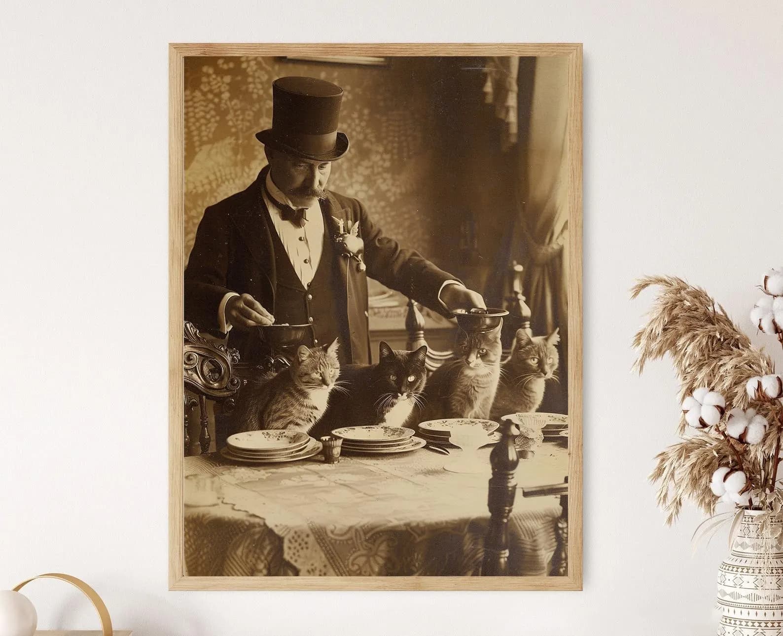 Victorian Butler Serving Dinner to Dignified Cats, Whimsical Vintage Photo Print