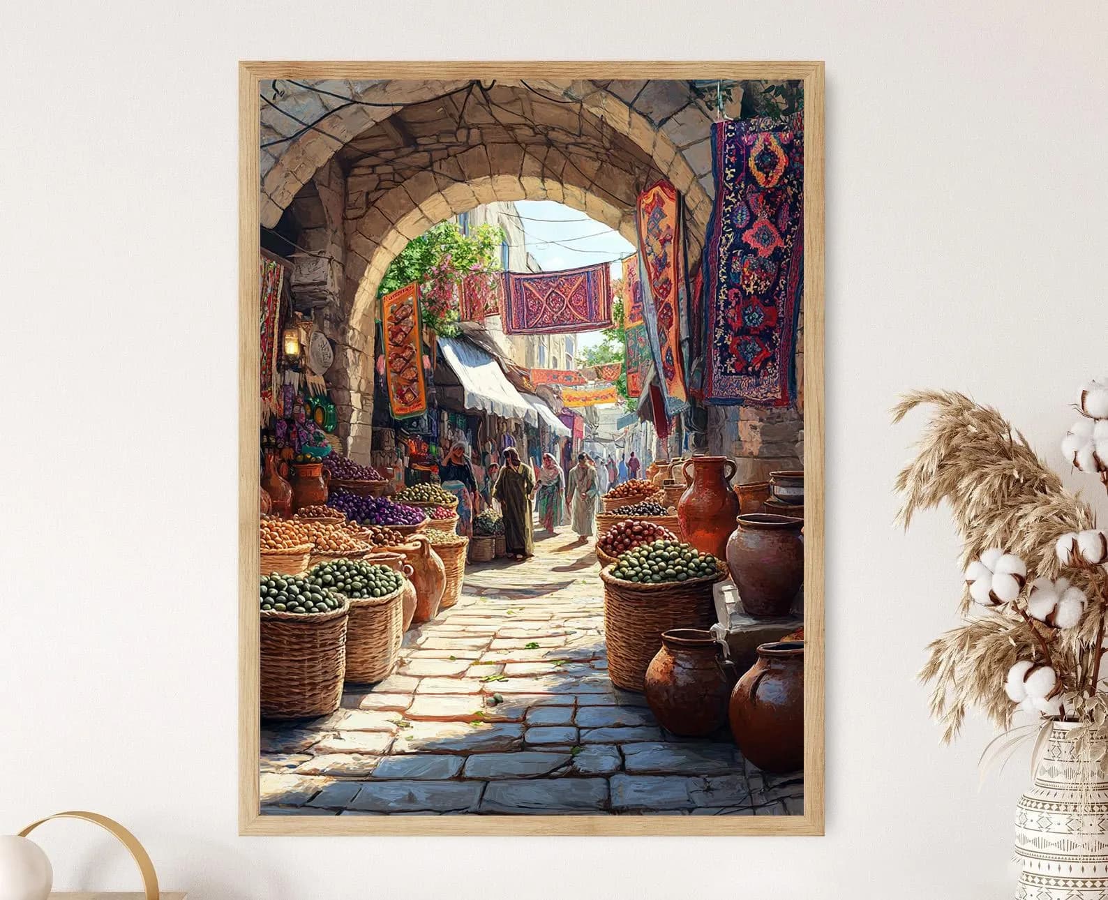 Tulkarm Olive Market Art Print: Palestinian Embroidery Illustration