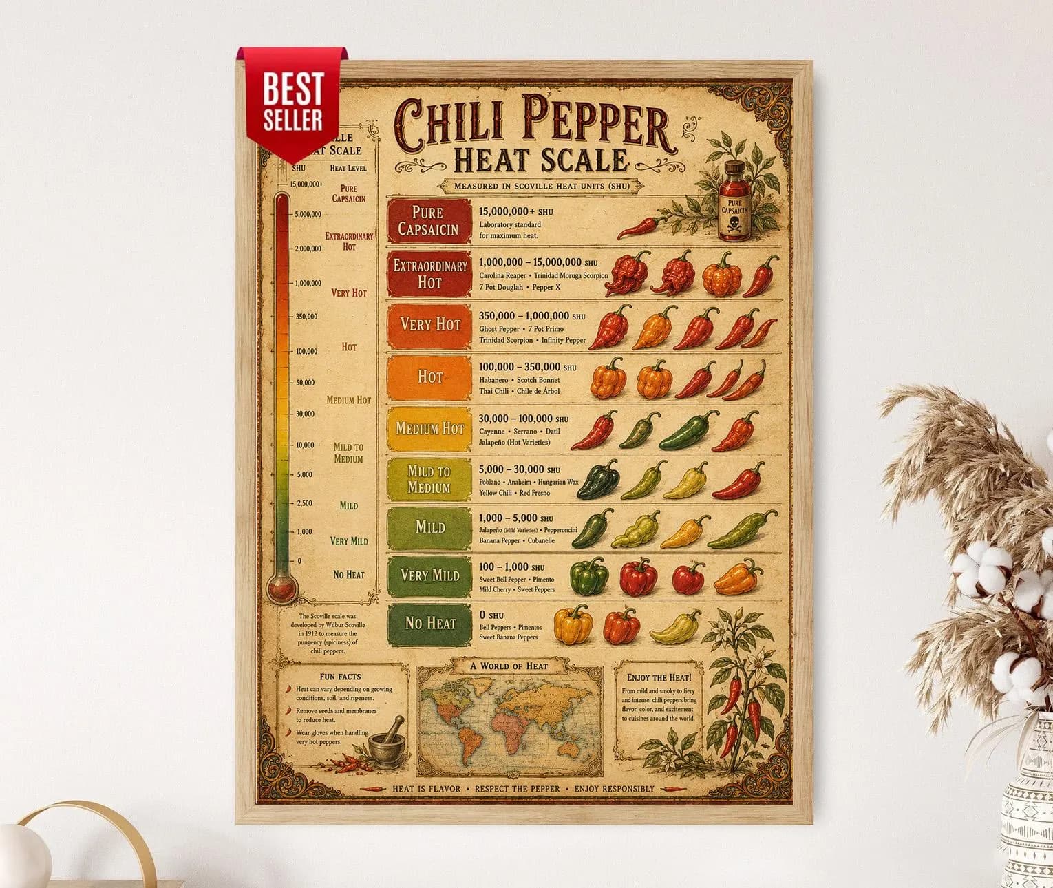 Chili Pepper Heat Map Poster, Scoville Scale Spice Infographic