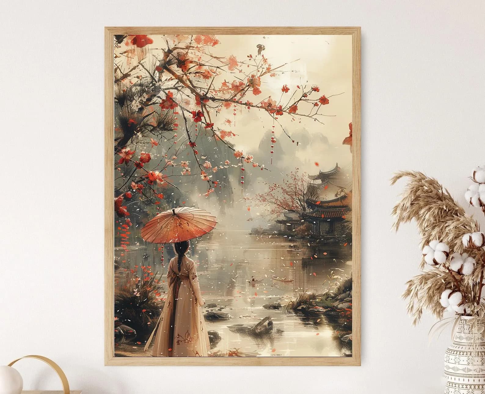 Korean Woman in Hanbok, River Scene with Cherry Blossoms