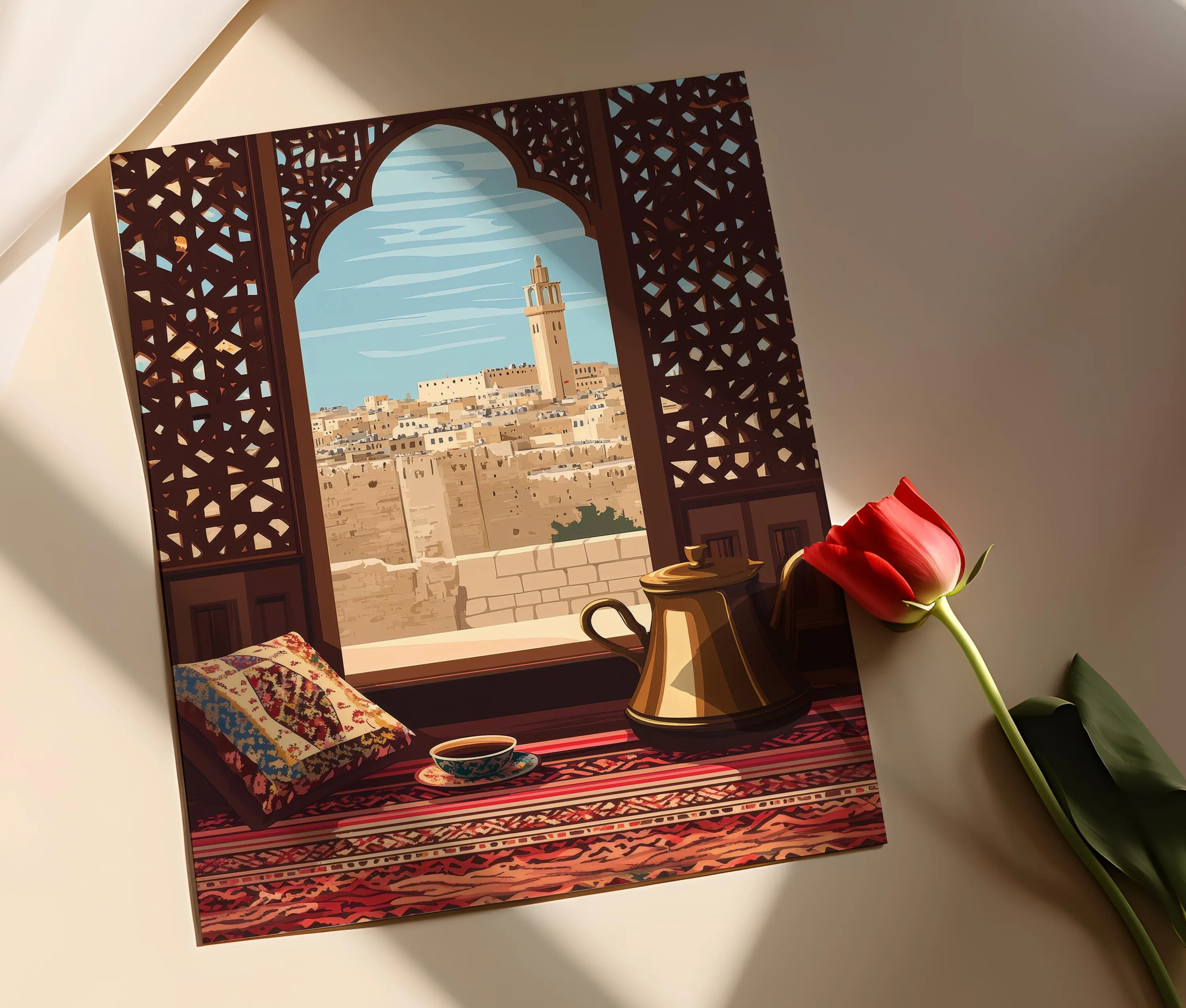 Aleppo Historic Mashrabiya Illustration, Citadel View, Traditional Syrian Carvings - image 3
