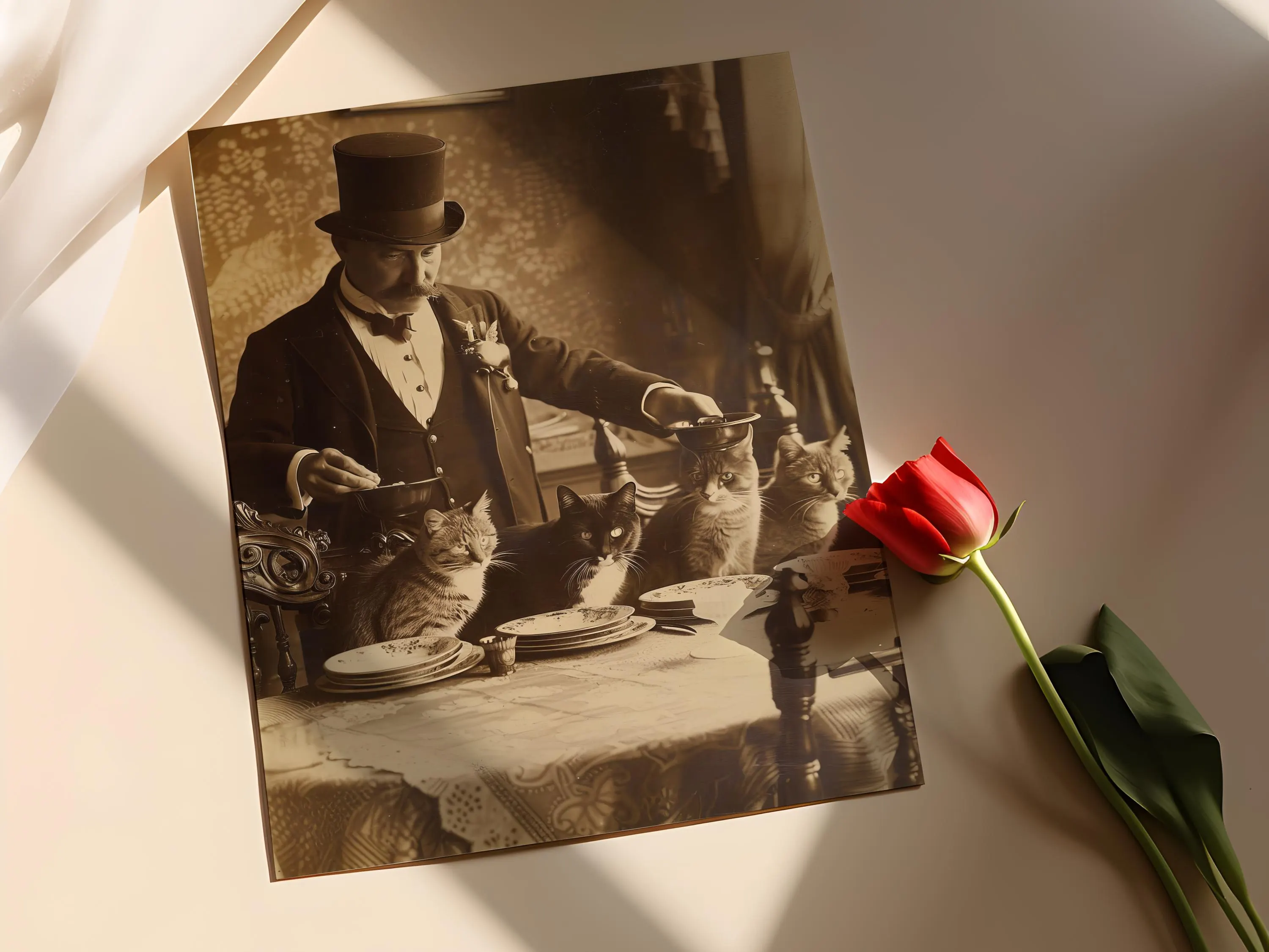 Victorian Butler Serving Dinner to Dignified Cats, Whimsical Vintage Photo Print - image 3