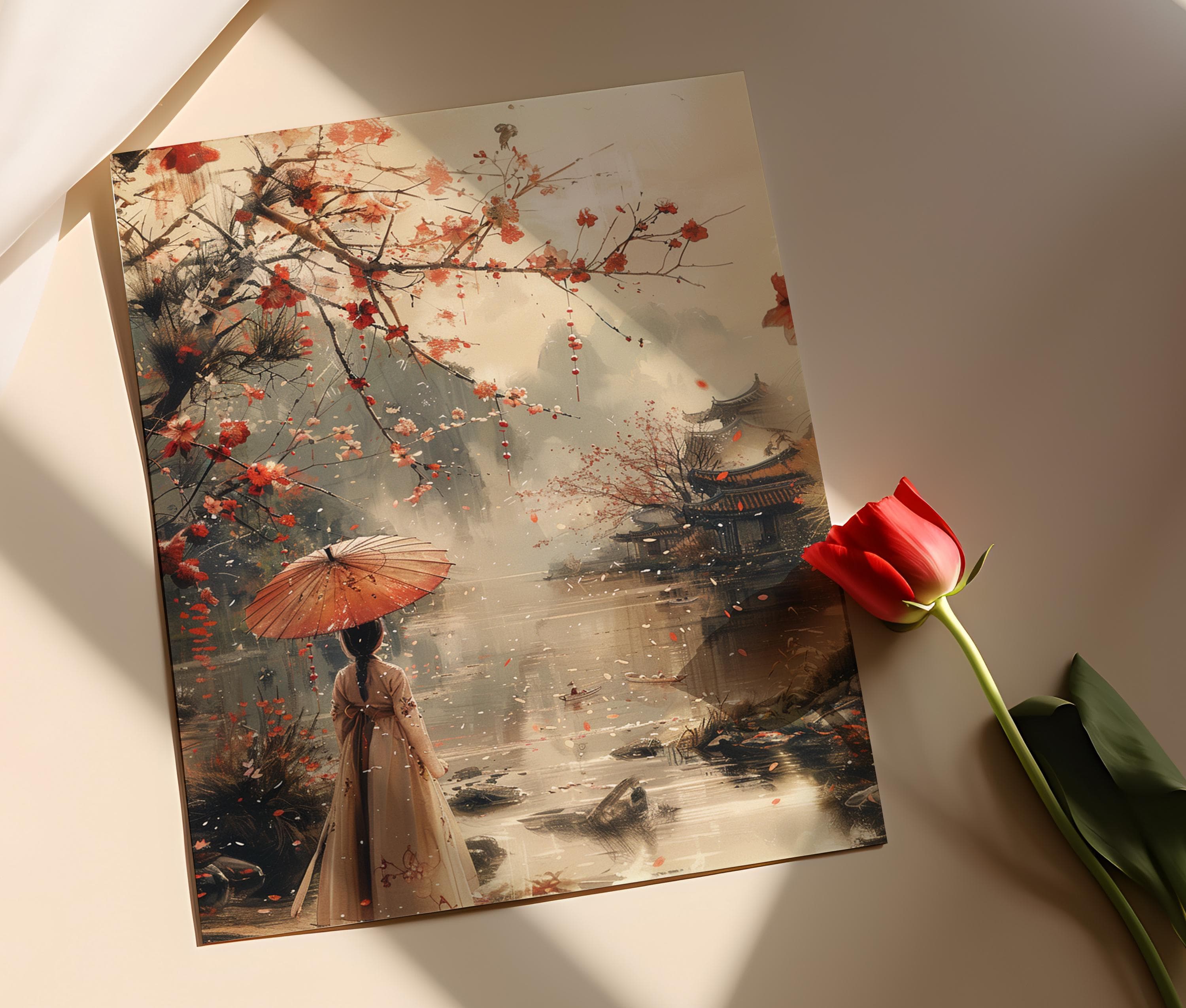 Korean Woman in Hanbok, River Scene with Cherry Blossoms - image 3