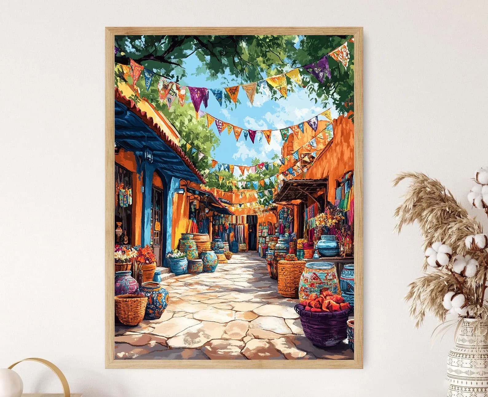 Dilli Haat Delhi Art Print: Handicraft Market with Colorful Textiles, Pottery and Festive Flags Illustration Poster