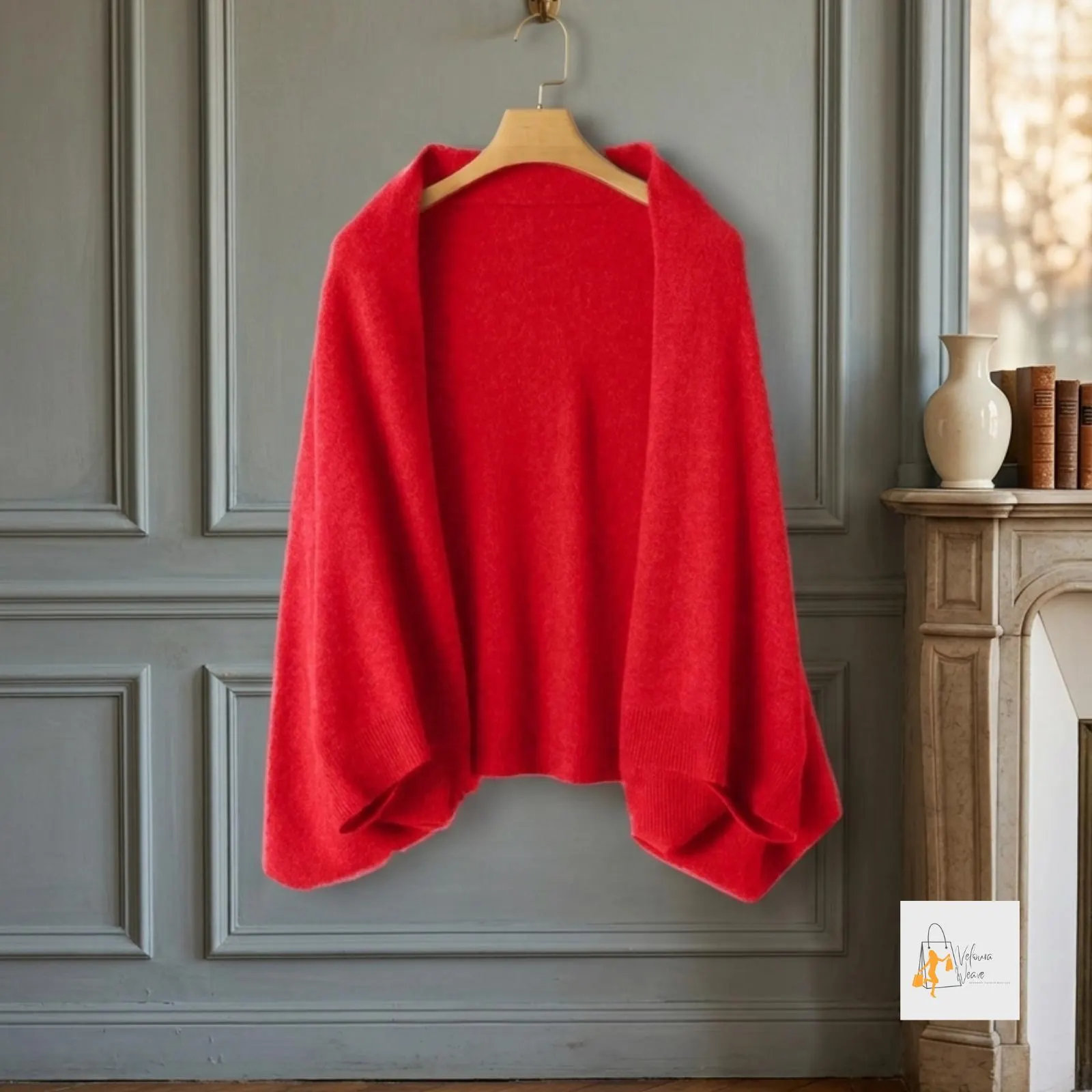 Versatile knit wrap worn as a cardigan-style layer.