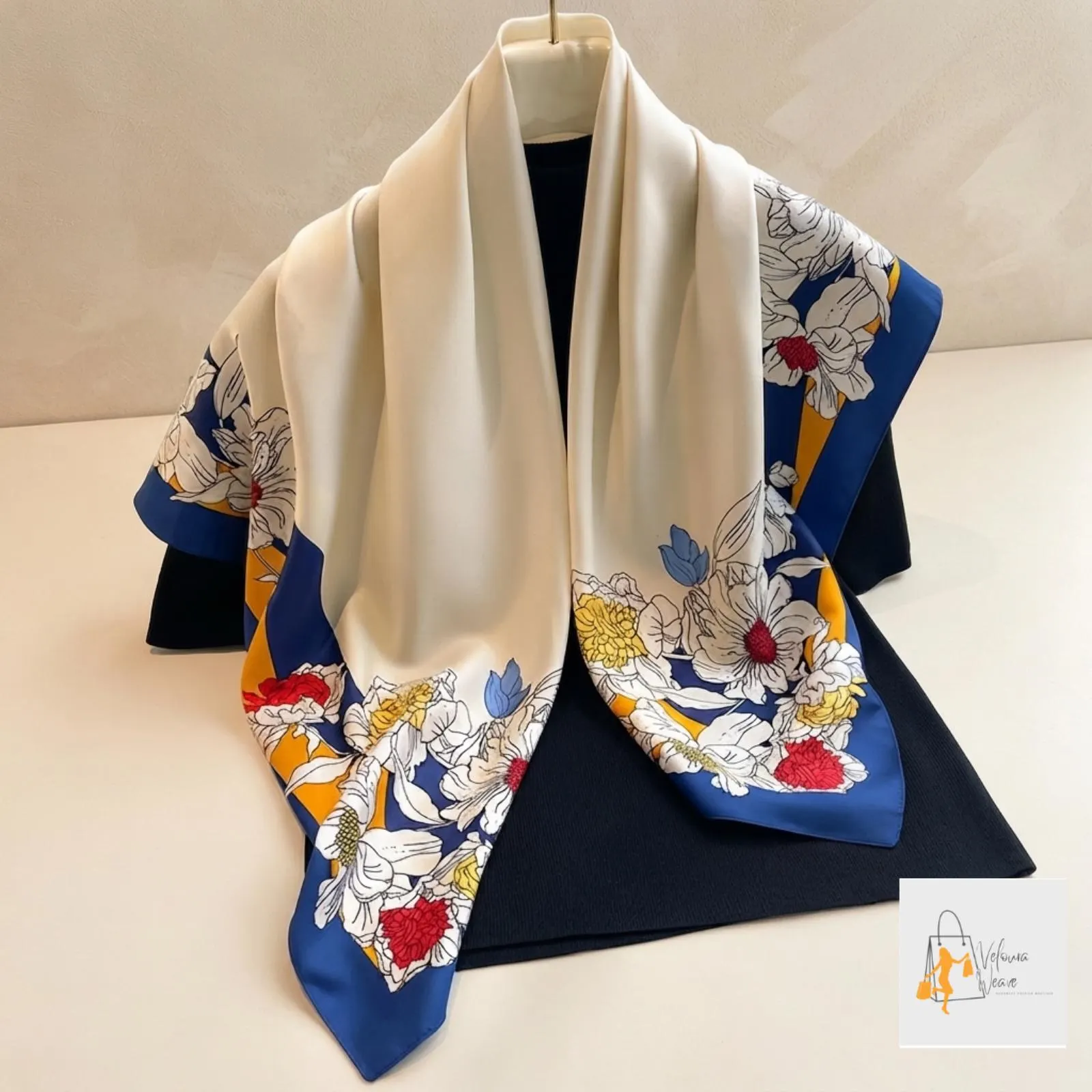 Lightweight square scarf paired with a modern casual outfit.