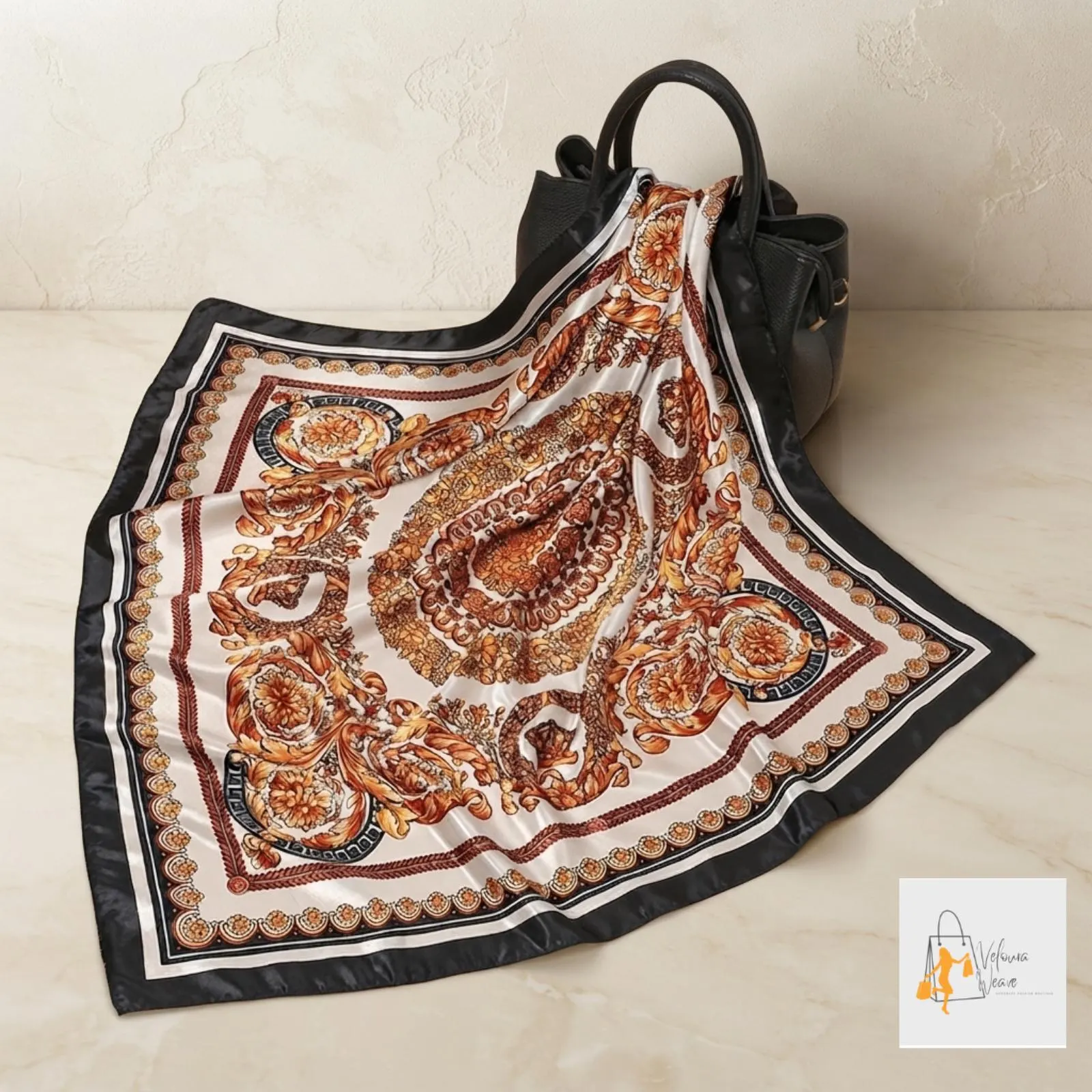 Elegant 90x90 cm square scarf styled as a fashionable head wrap.