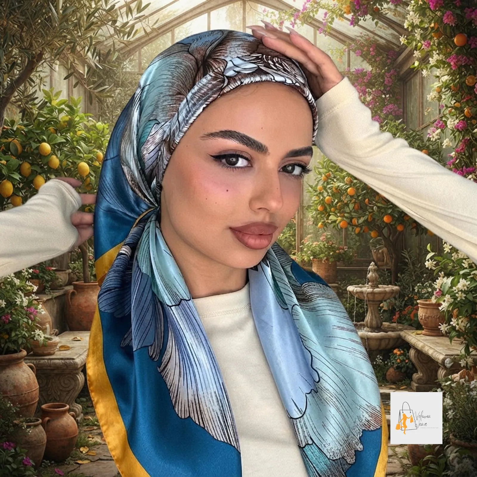 Printed satin hijab styled as an elegant everyday head wrap.