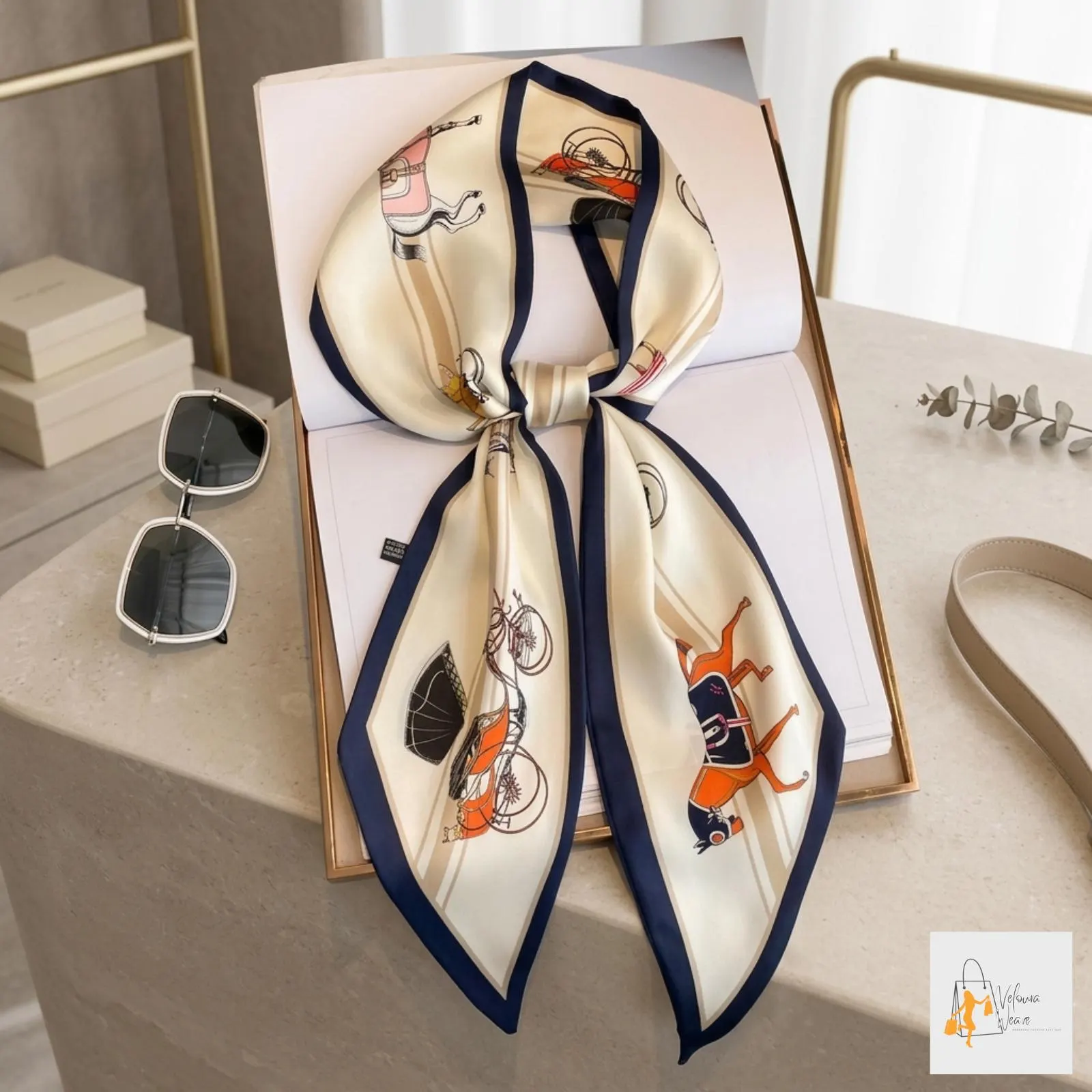 horse print ribbon scarf women long silk feel neckerchief wrap