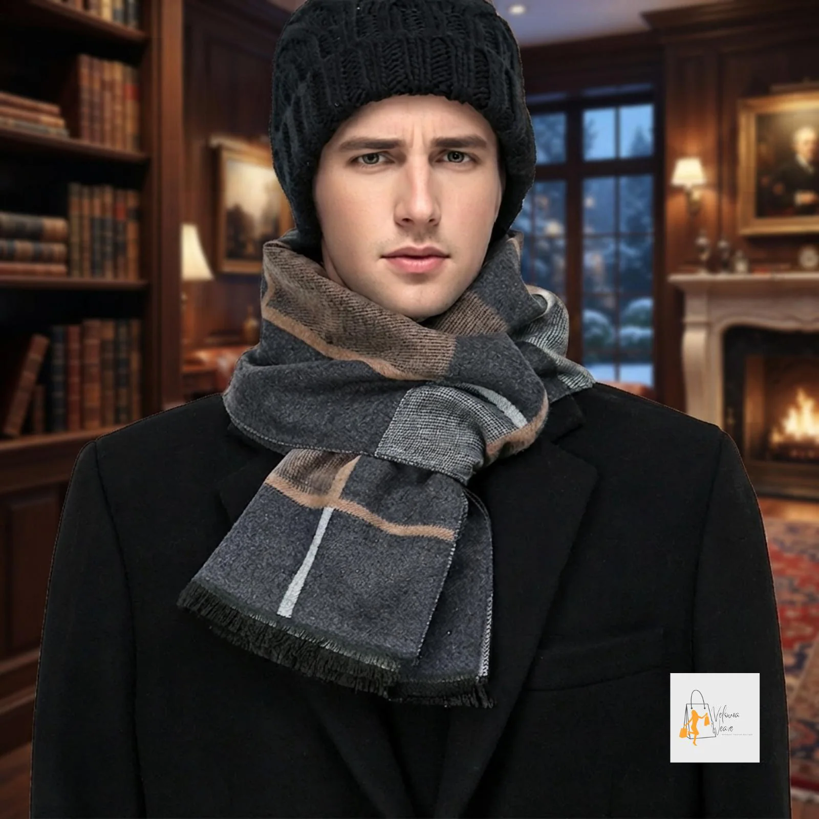 Men's Plaid Soft Warm Scarf, Classic Check Neck Wrap, Cozy Cold Weather Accessory