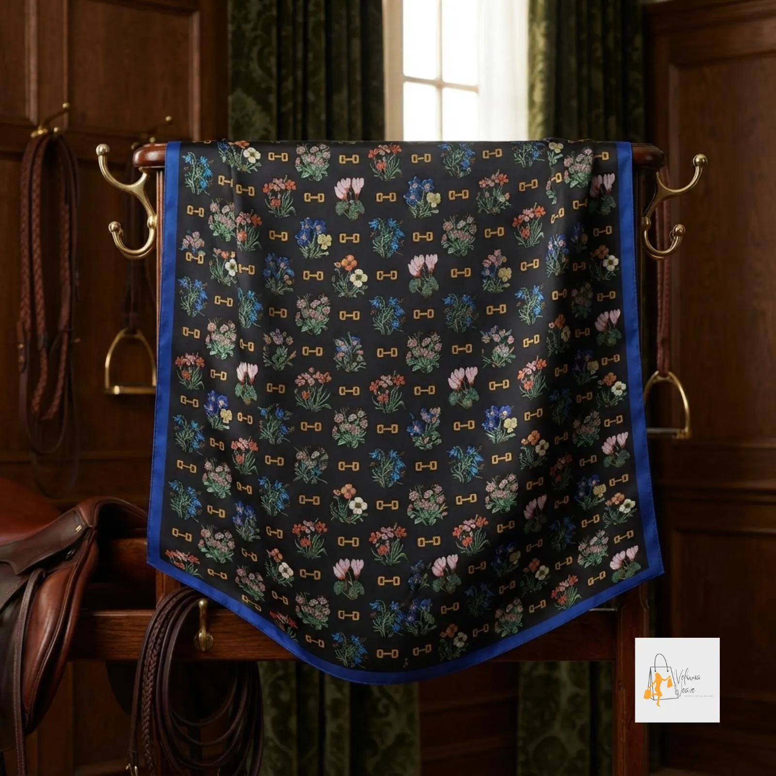 Elegant women's scarf folded to display its detailed twill-inspired print