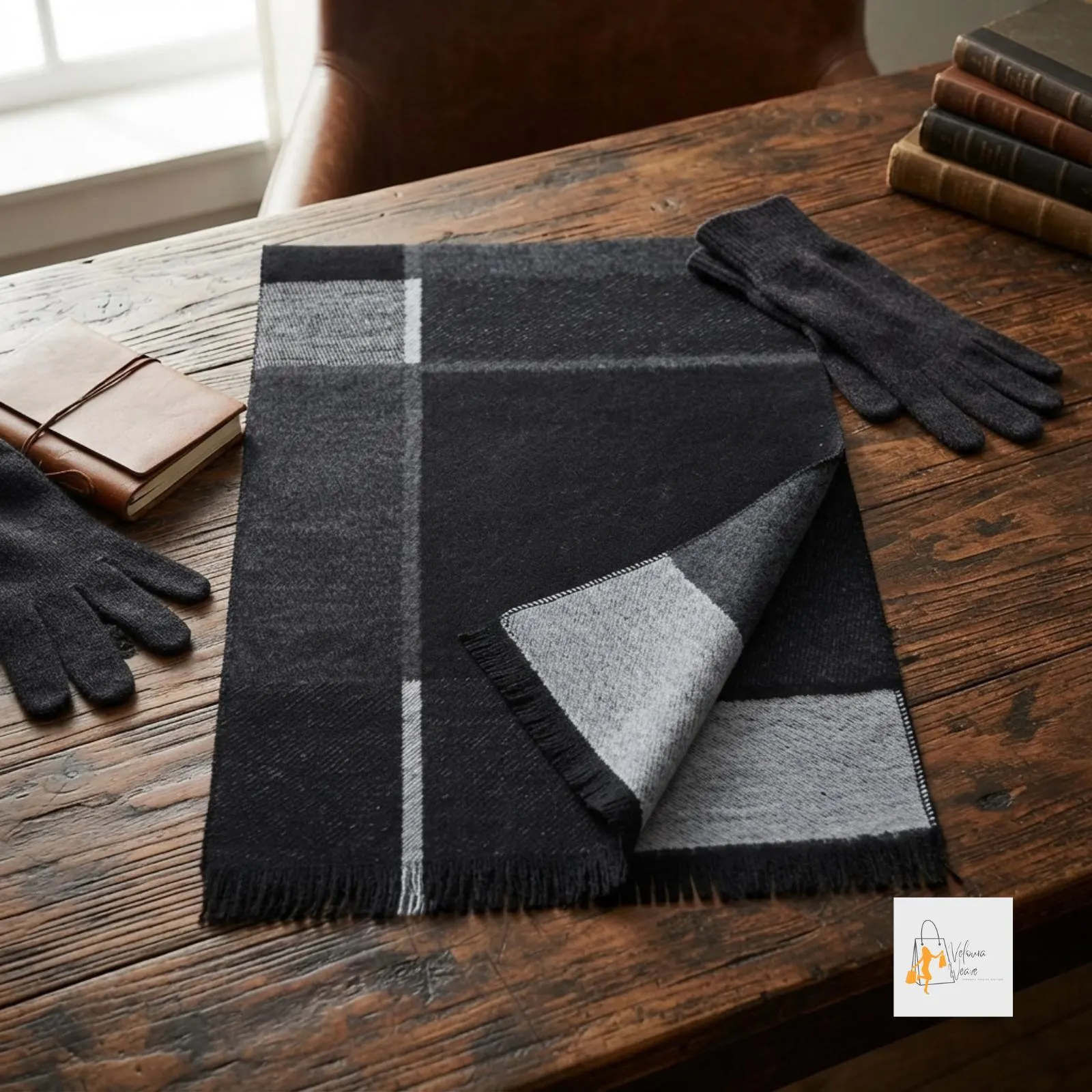 Neutral plaid scarf suitable for daily cold-weather wear.