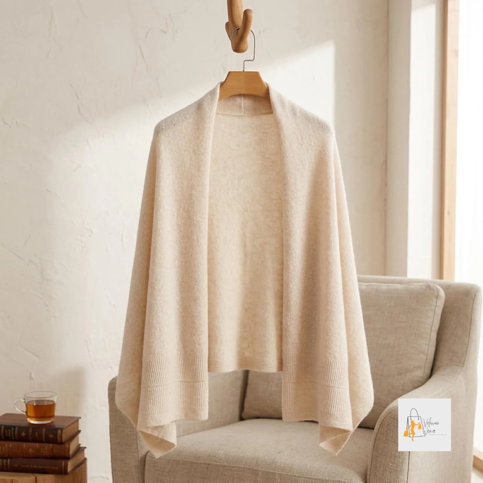 Soft knitted wool wrap styled as a cozy winter layer.