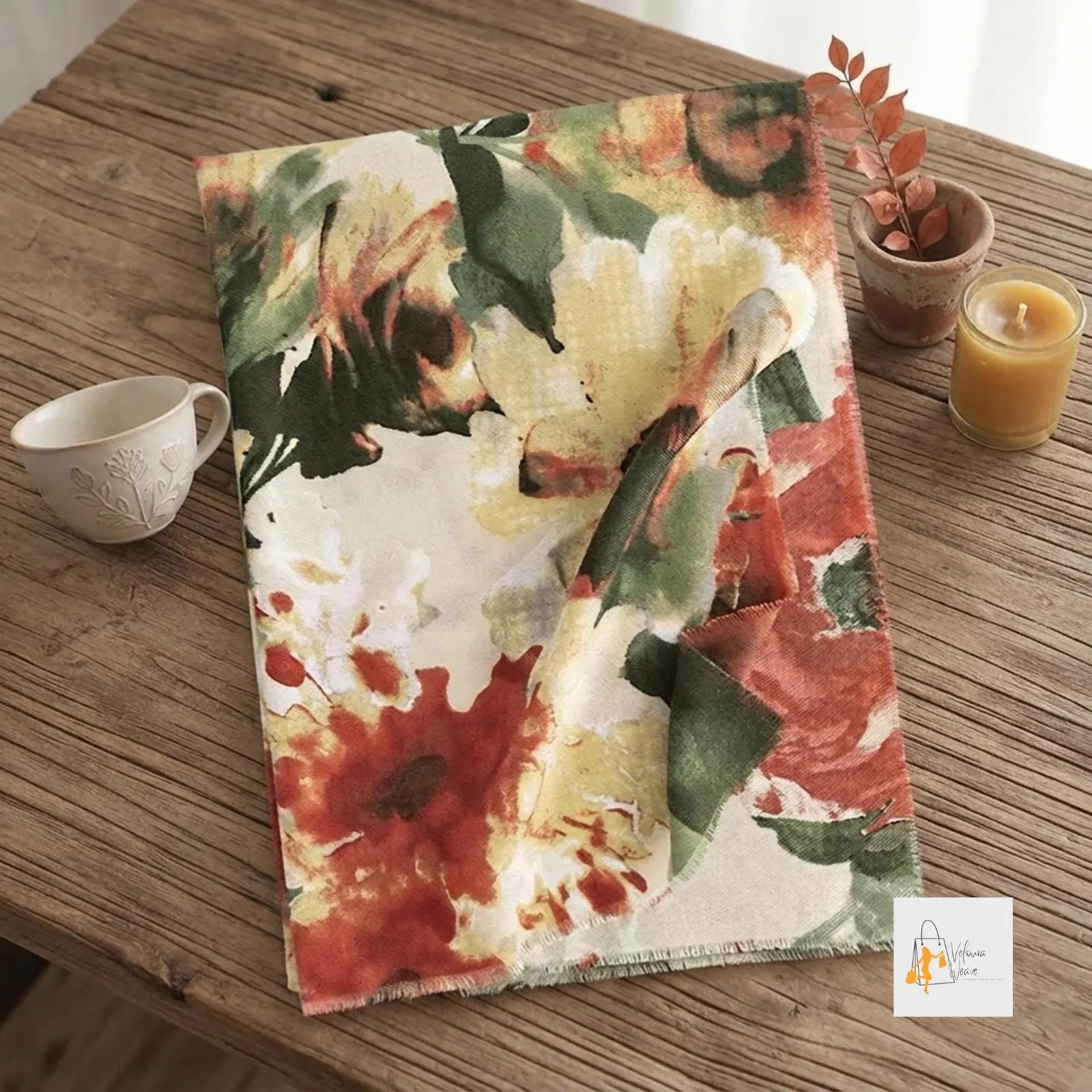 Woman wearing a cozy floral shawl outdoors.