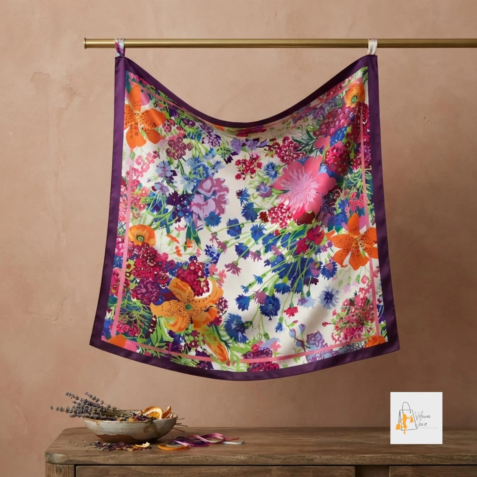 Lightweight square scarf draped over the shoulders