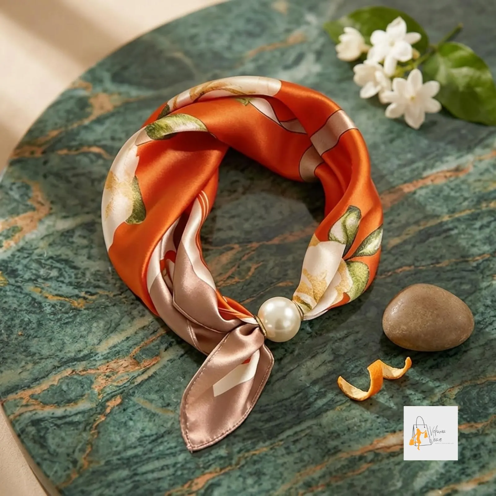 Lightweight neck scarf accessory paired with a dress