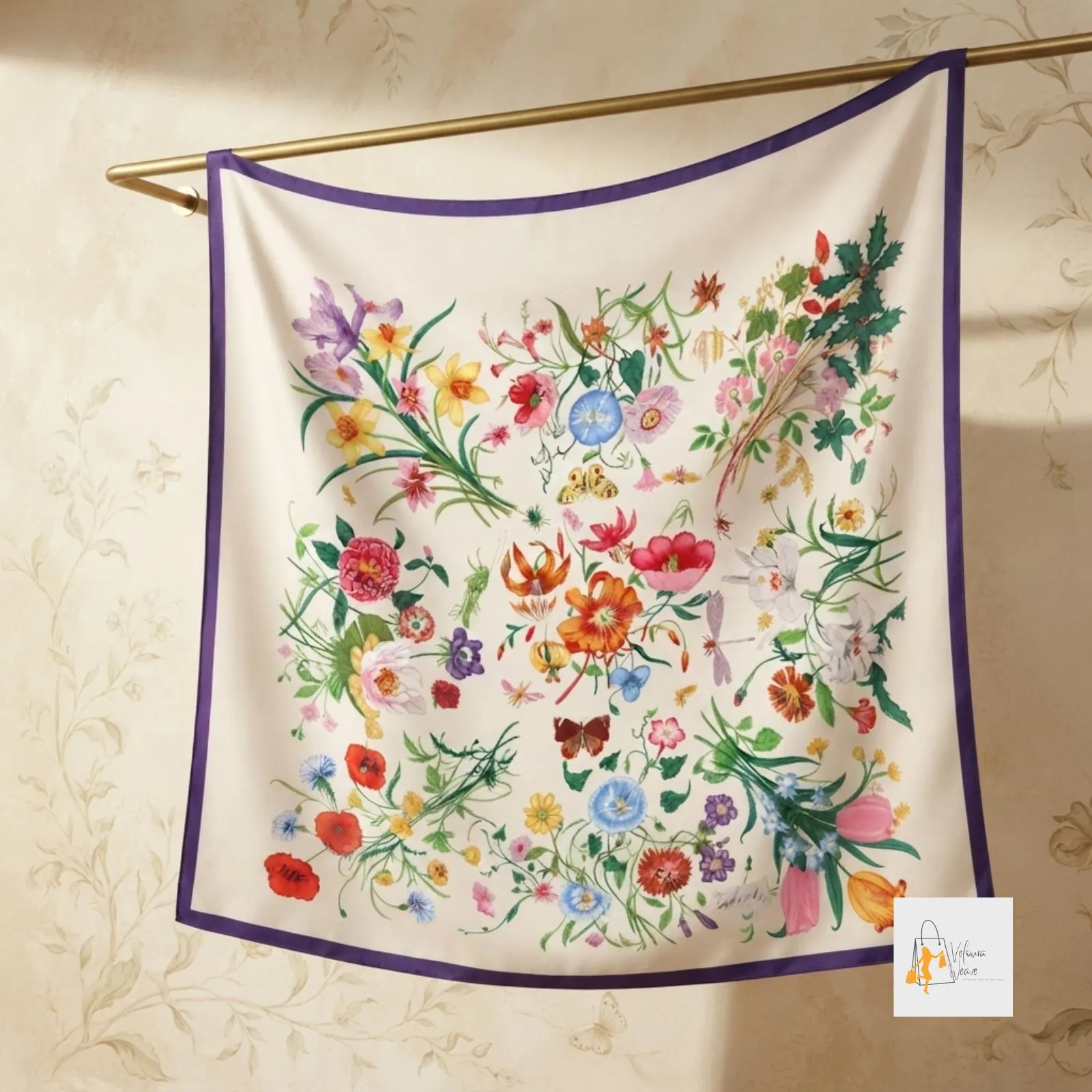 Large square printed scarf styled around the neck with a classic outfit