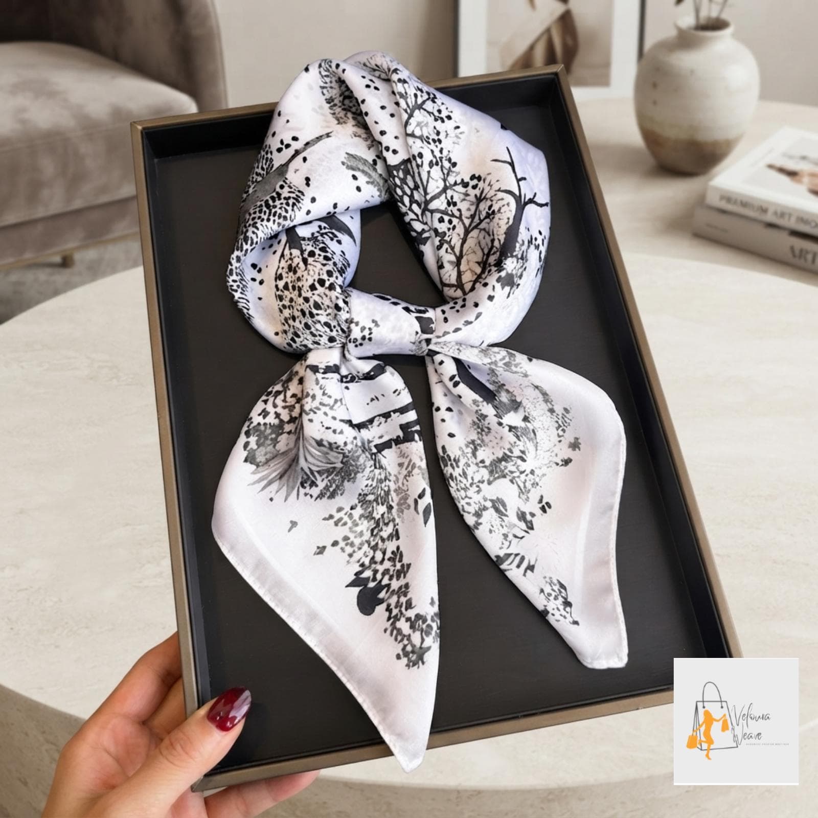 Lightweight scarf styled as a ponytail ribbon for everyday fashion.