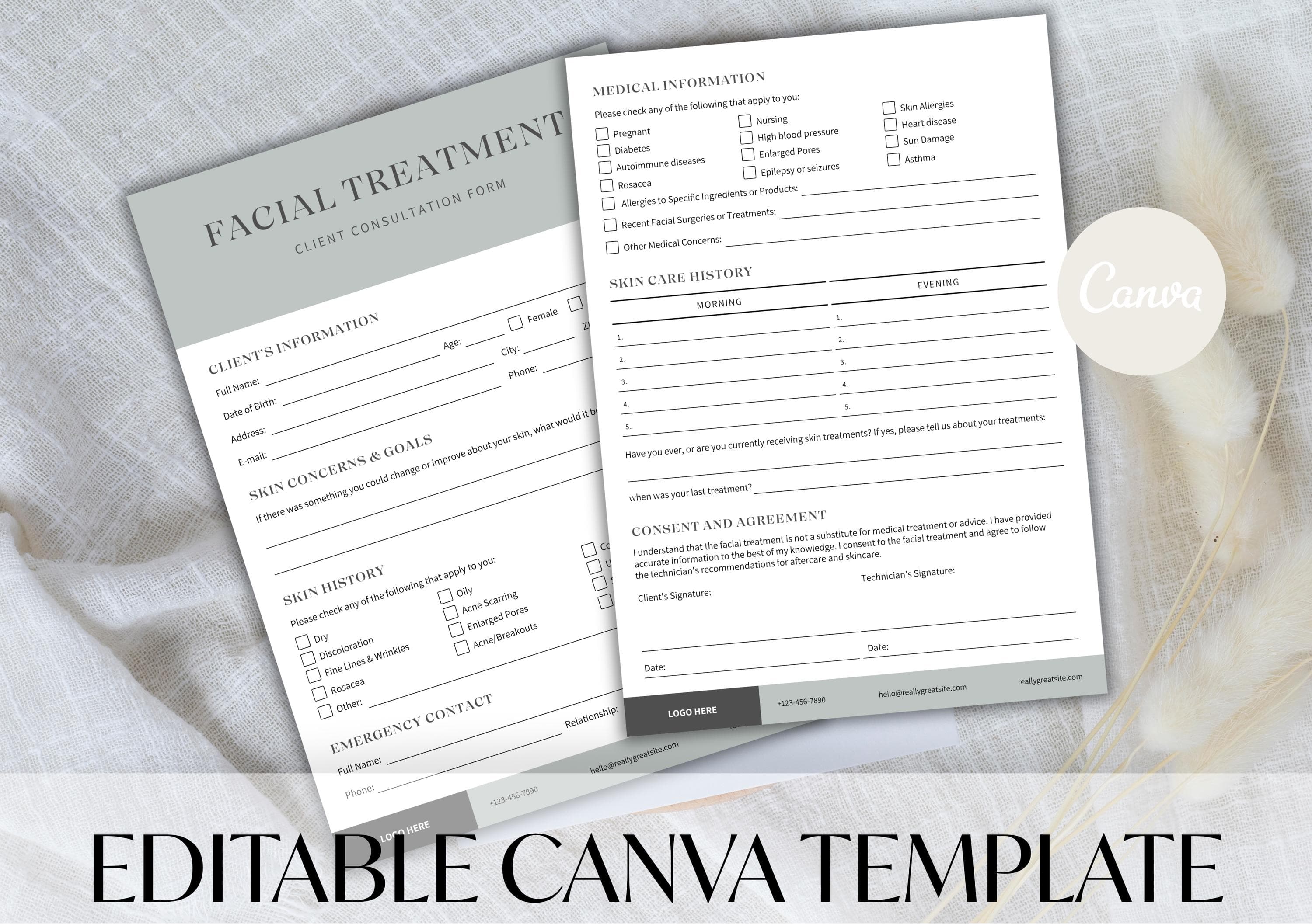 Editable Facial Client Consultation Form: Canva Template (Digital Download)