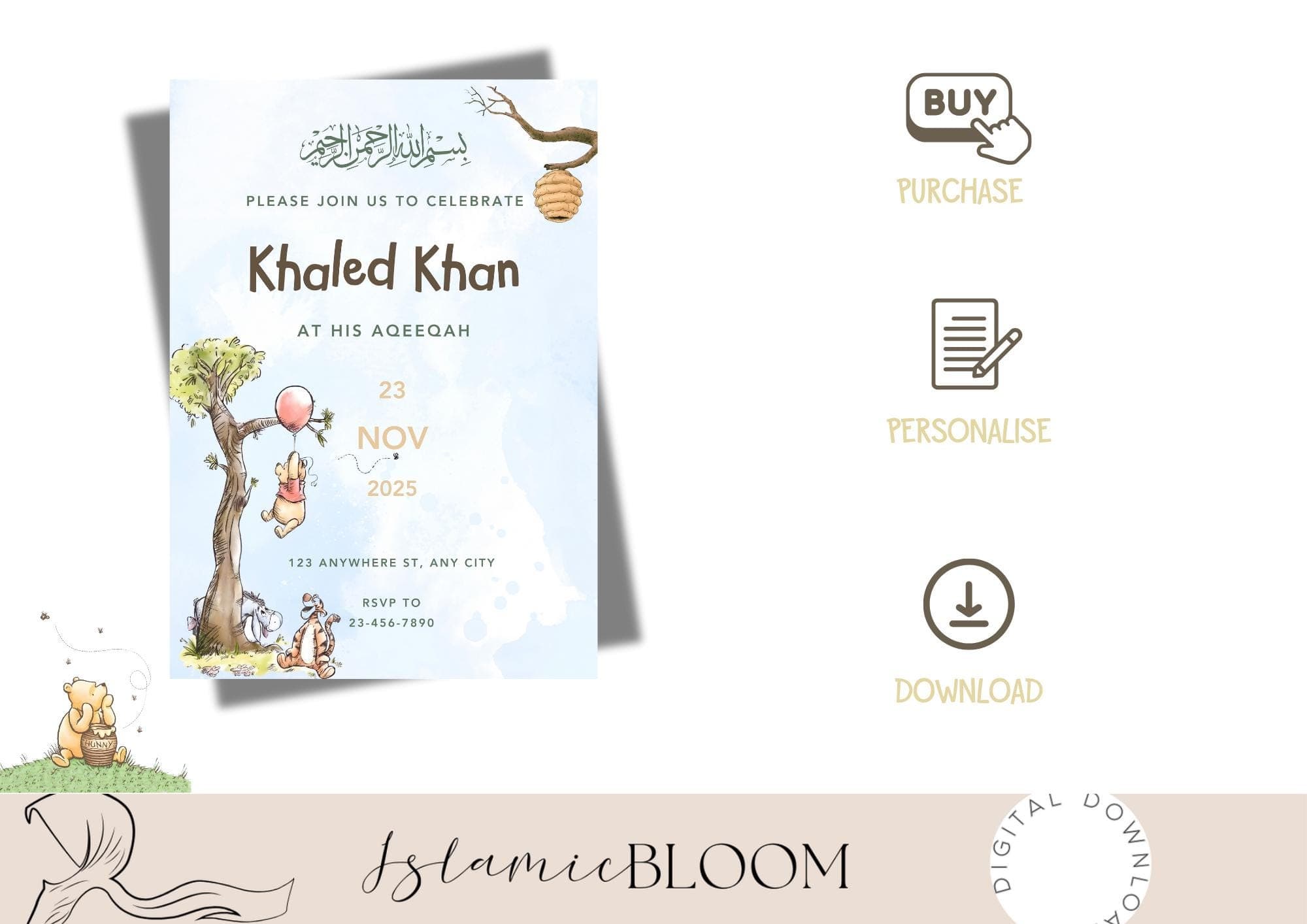 Personalized Winnie The Pooh Aqiqah Invitation | Islamic Baby Shower (Digital Download) - image 5