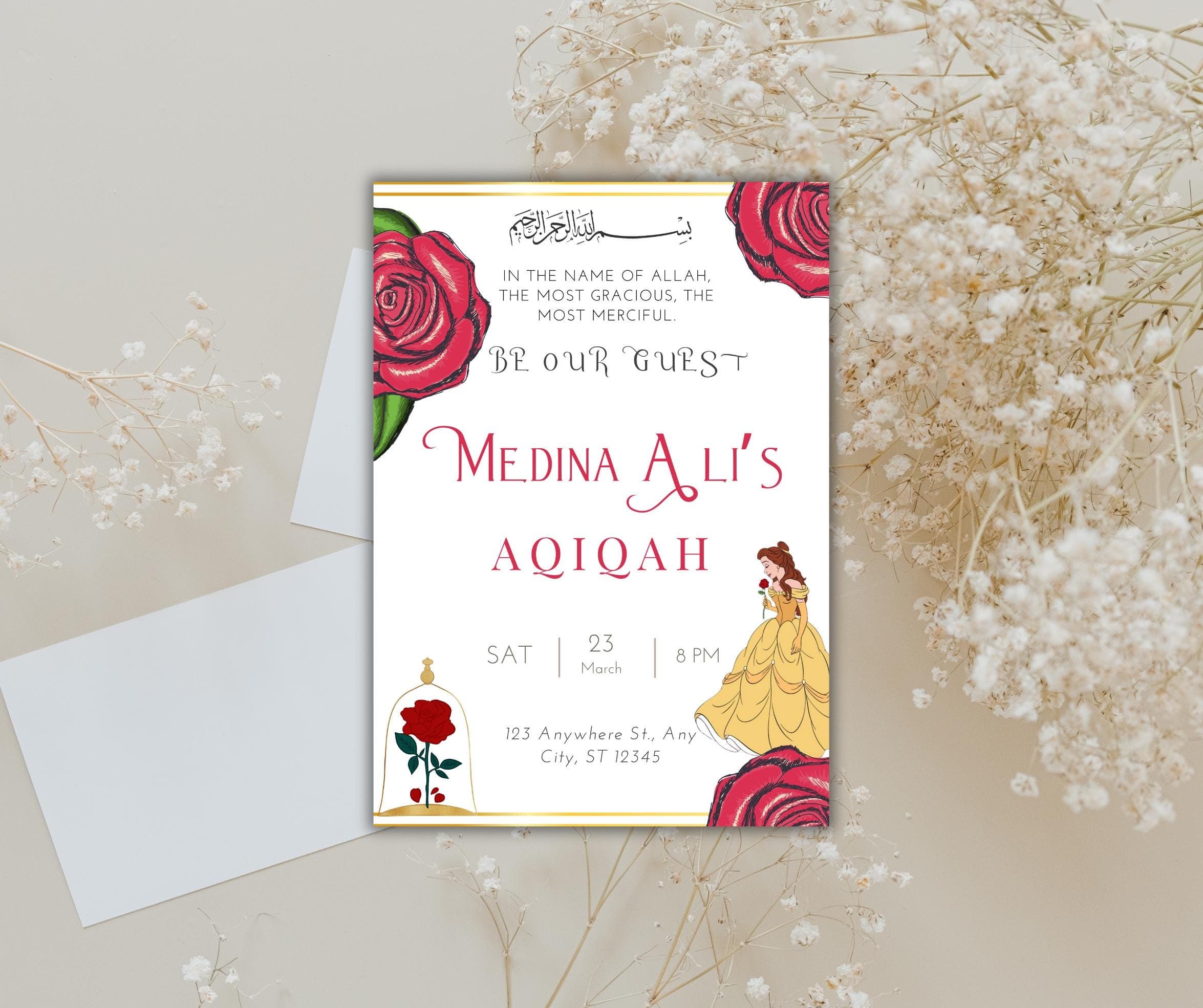 Beauty and the Beast Aqiqah Invitation: Belle Theme (Digital)