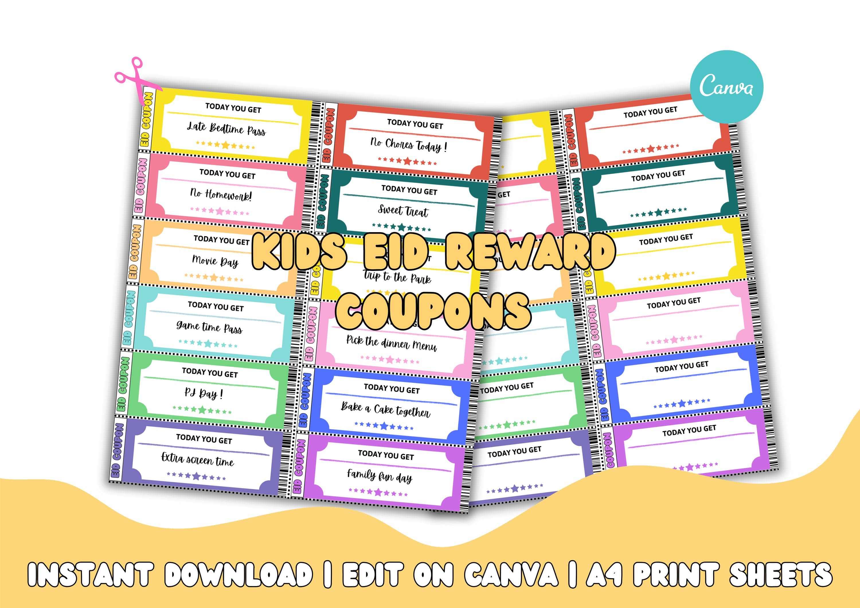 Eid Mubarak Reward Coupons | Islamic Kids Gift (Printable A4 Sheet)