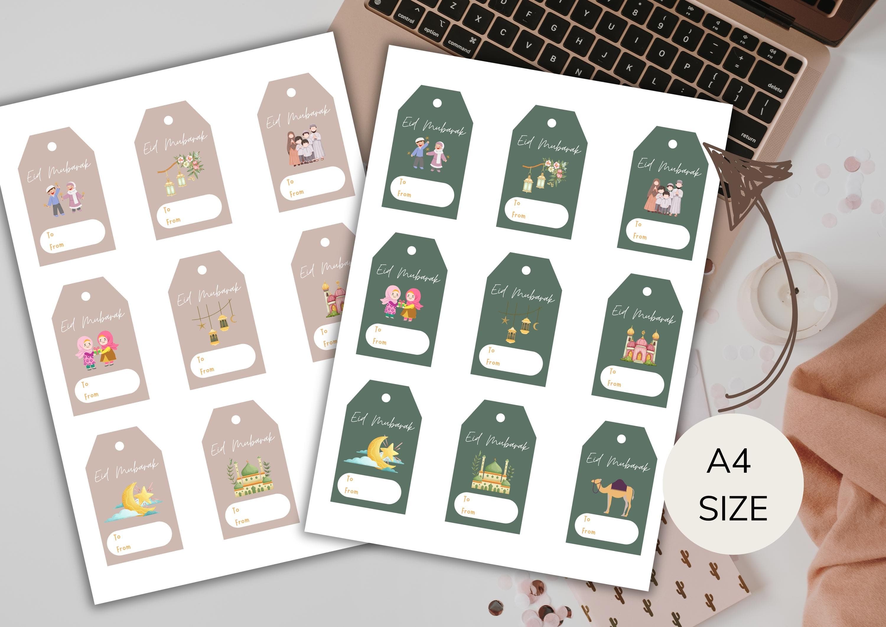 Eid Mubarak Gift Tags | Printable Islamic Designs (A4, Digital Download)