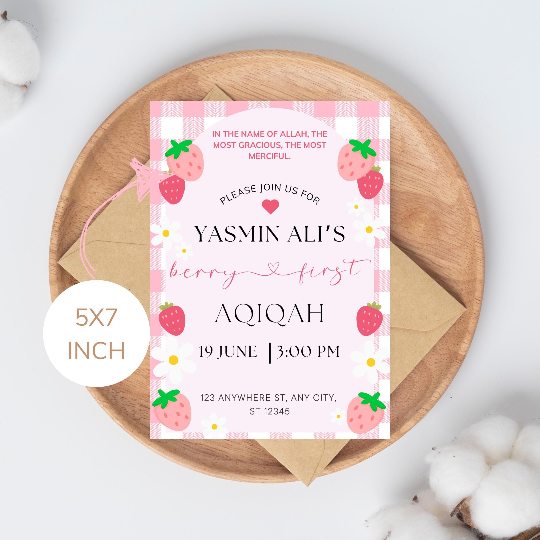 Strawberry Aqiqah Personalised Invitation: Muslim Baby Girl Party (Digital File) - image 3