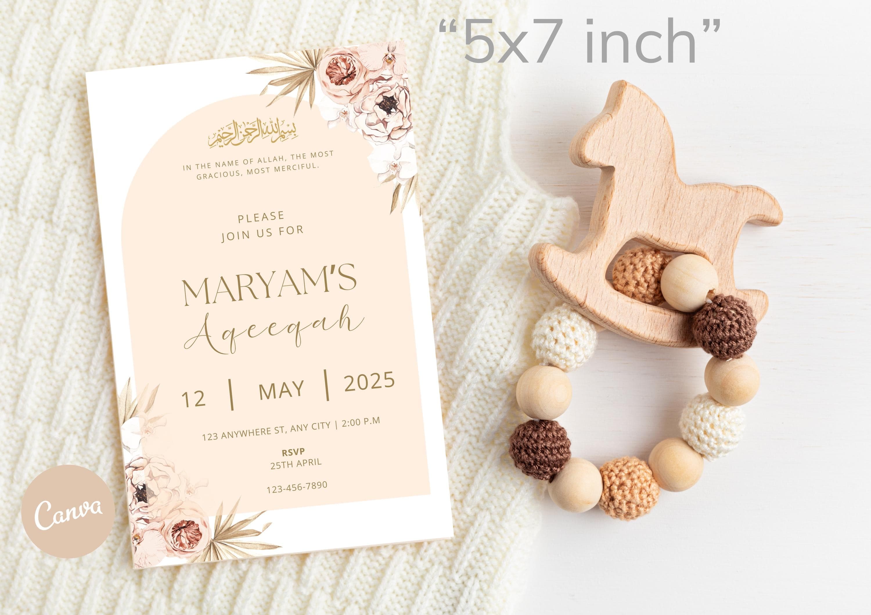 Floral Aqeeqah Invitation Girl – Islamic Baby Announcement (Digital)