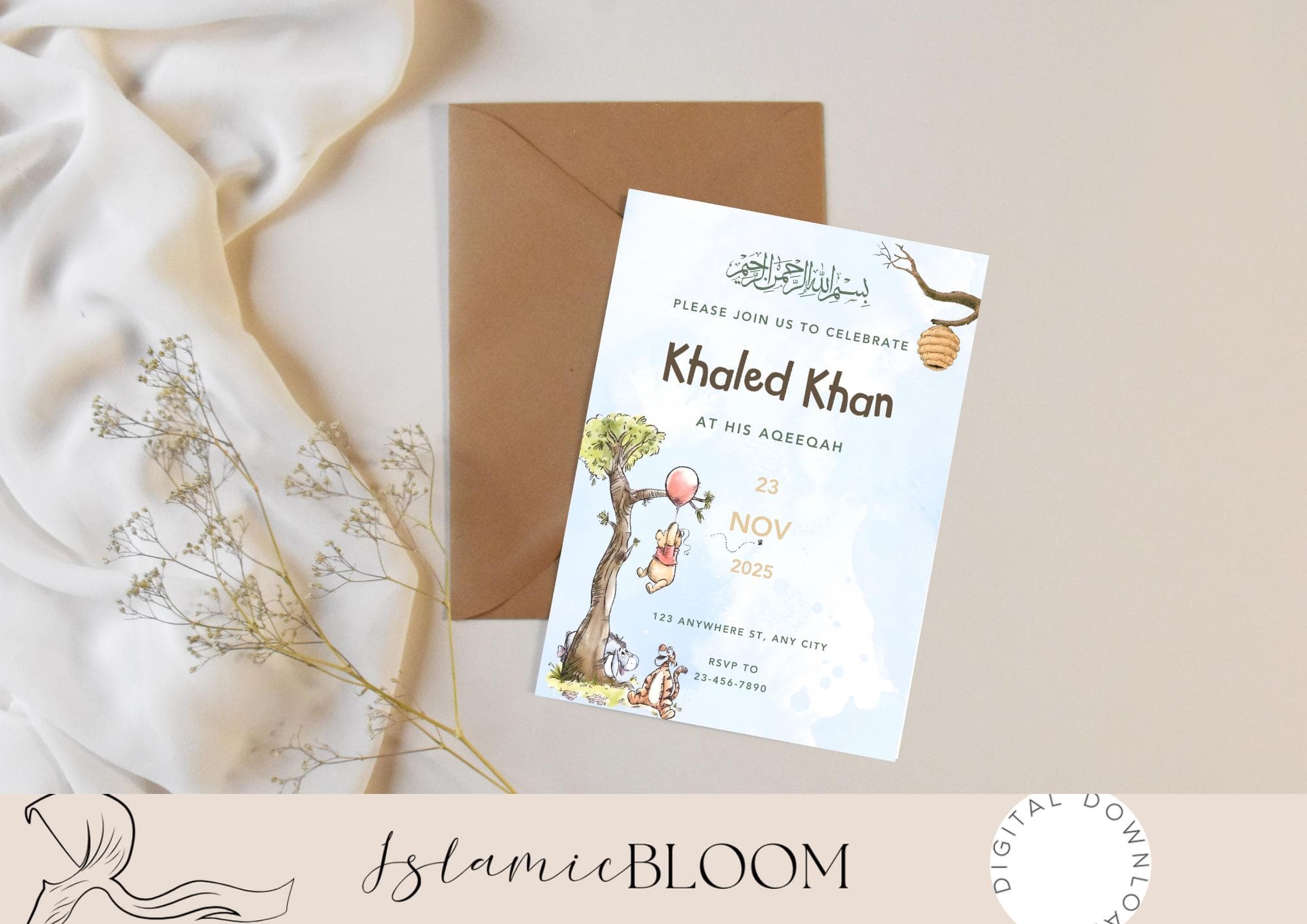 Personalized Winnie The Pooh Aqiqah Invitation | Islamic Baby Shower (Digital Download)