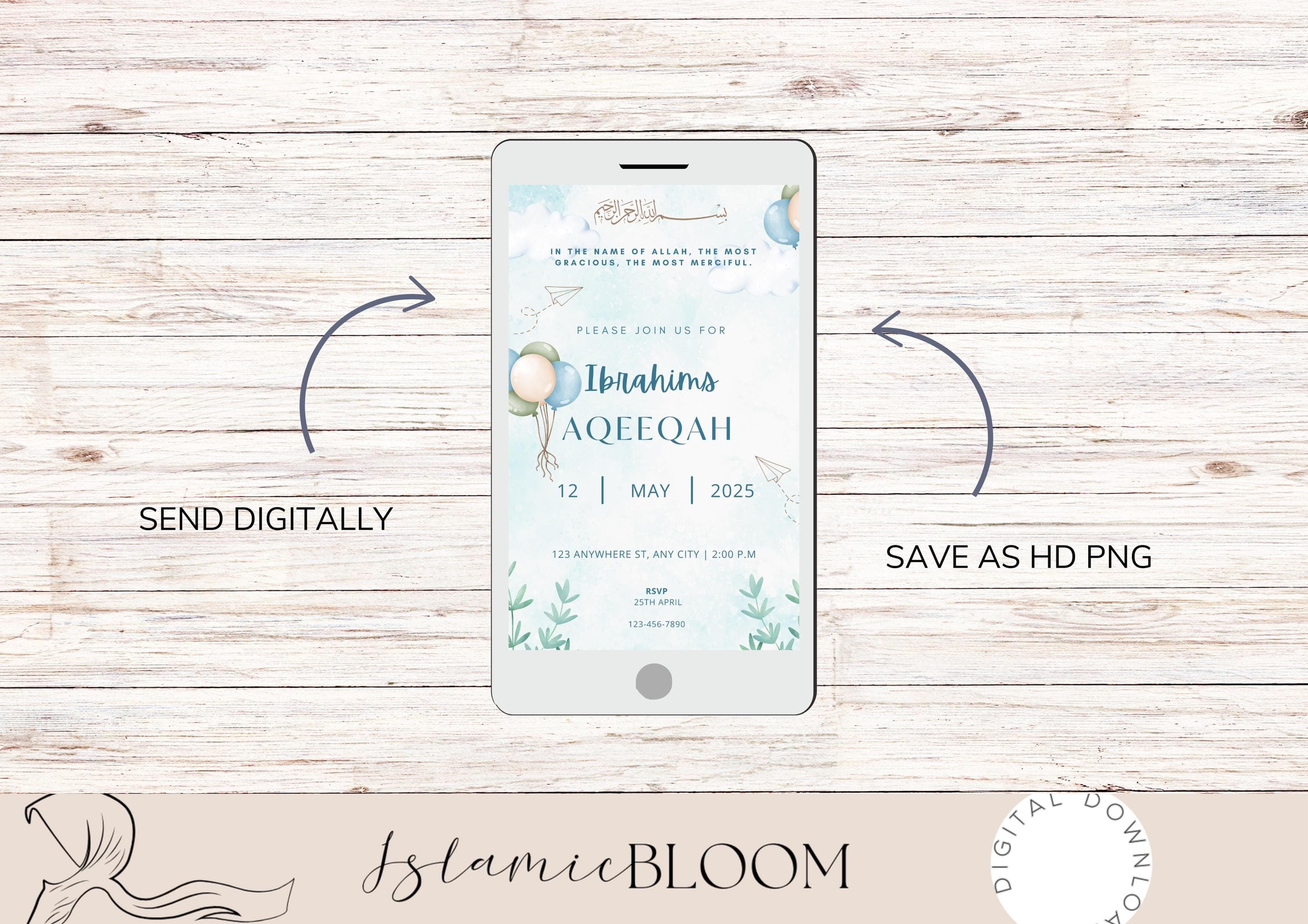 Blue Aqiqah Invitation for Boy – Islamic Baby Announcement (Digital) - image 4