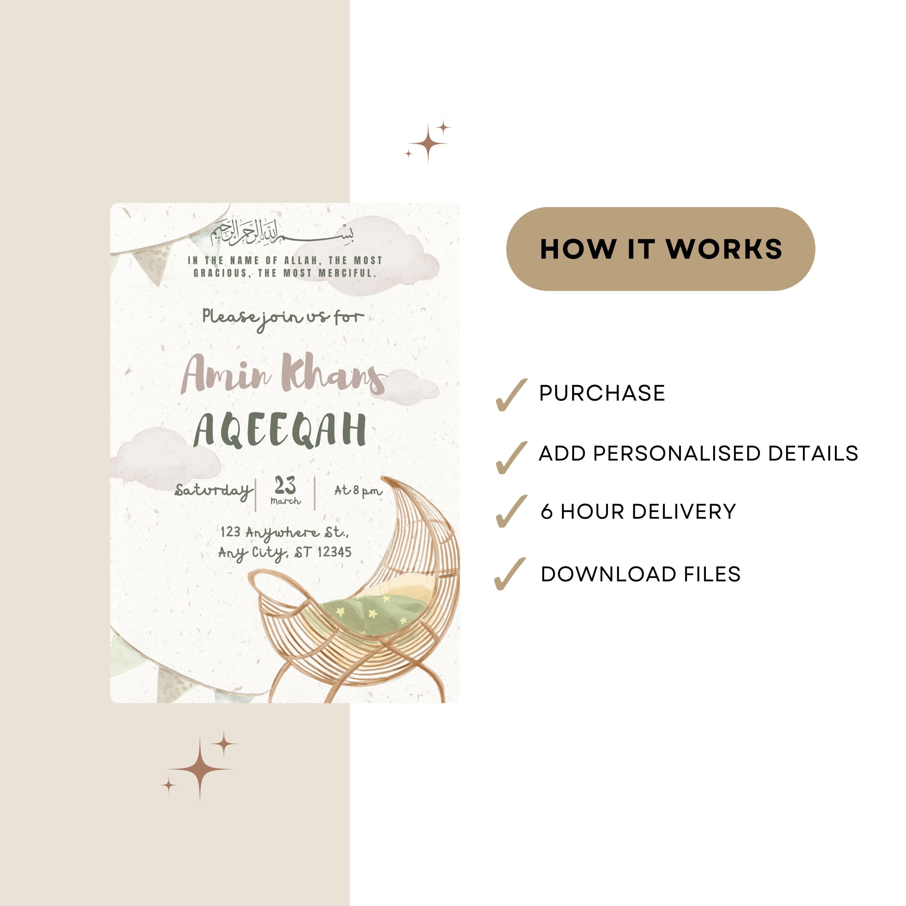 Personalized Aqiqah Invitation: Islamic Baby Shower, Neutral Design (Digital Download 5x7) - image 5