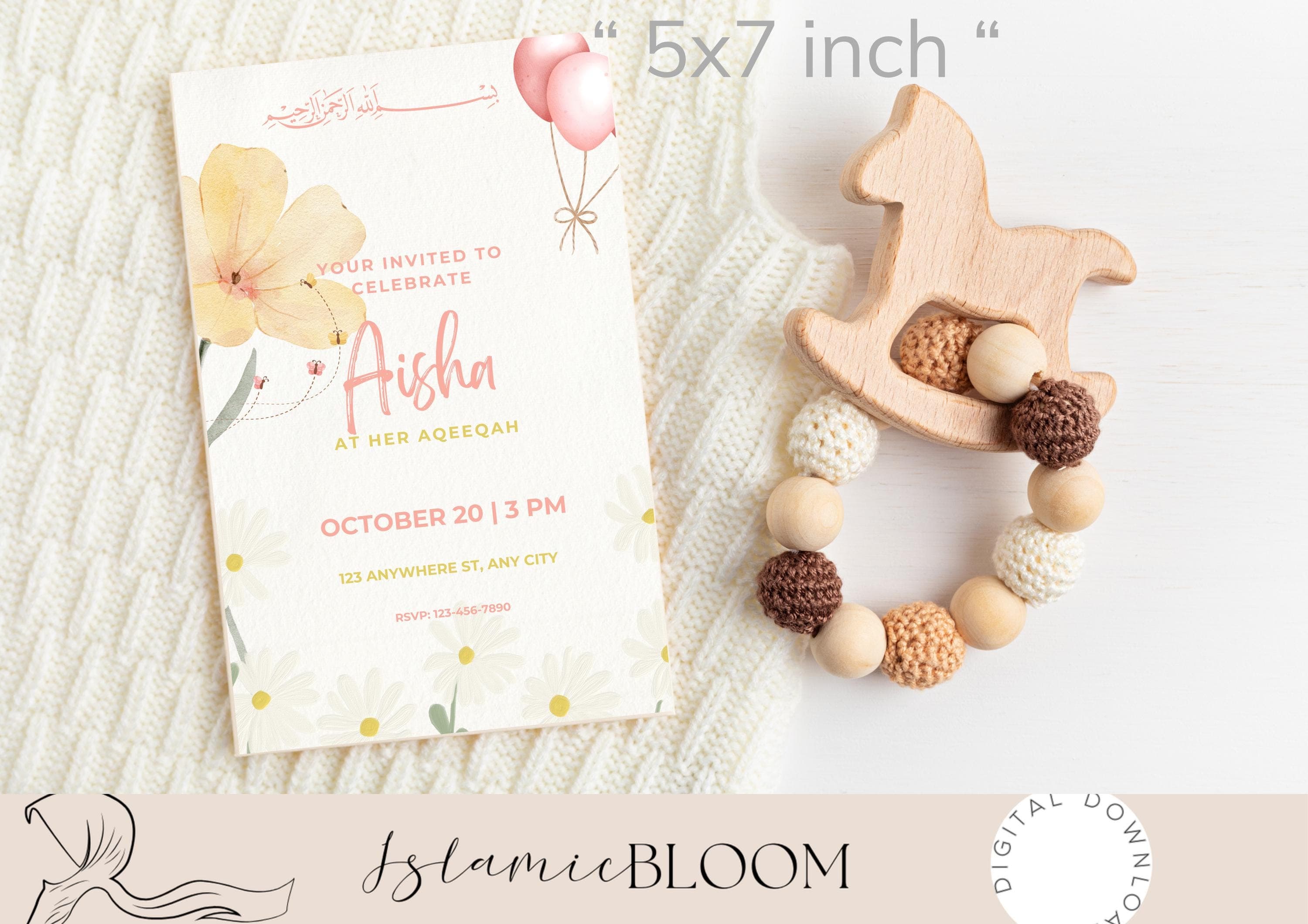 Personalized Floral Aqiqah Invitation – Islamic Baby Celebration (Digital)