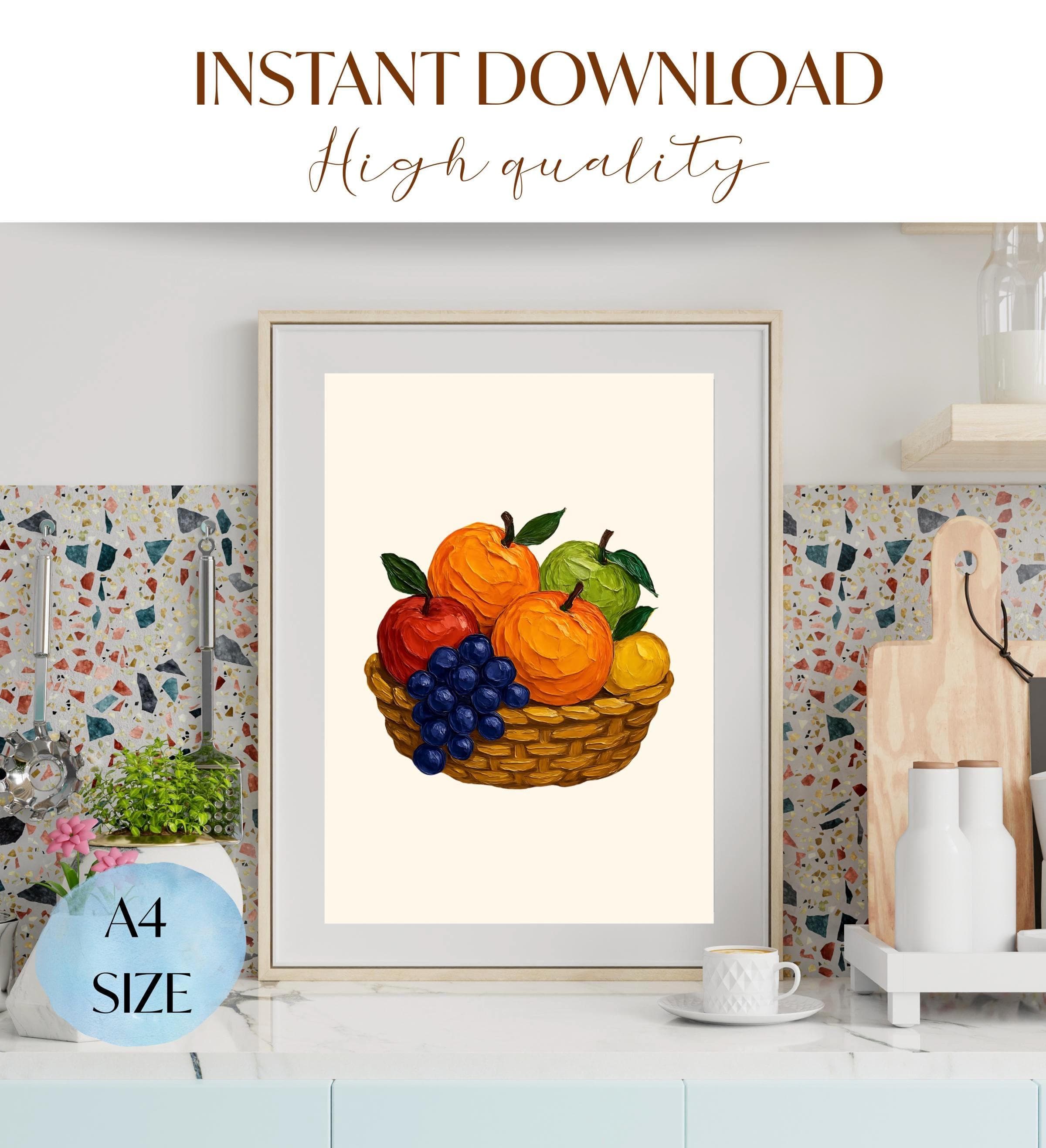 Vintage Fruit Basket Print, Kitchen Dining Room Wall Art (A4 Digital Download)