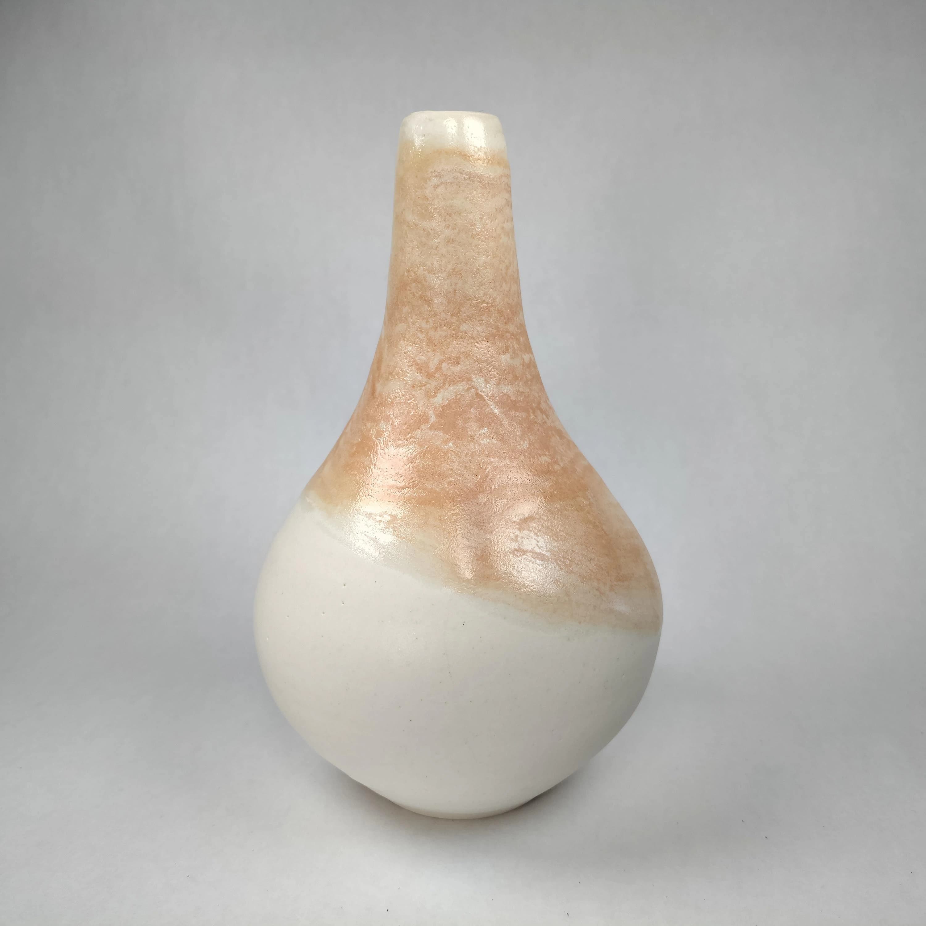 Vintage pink and white glazed clay vase signed o/v or olv
