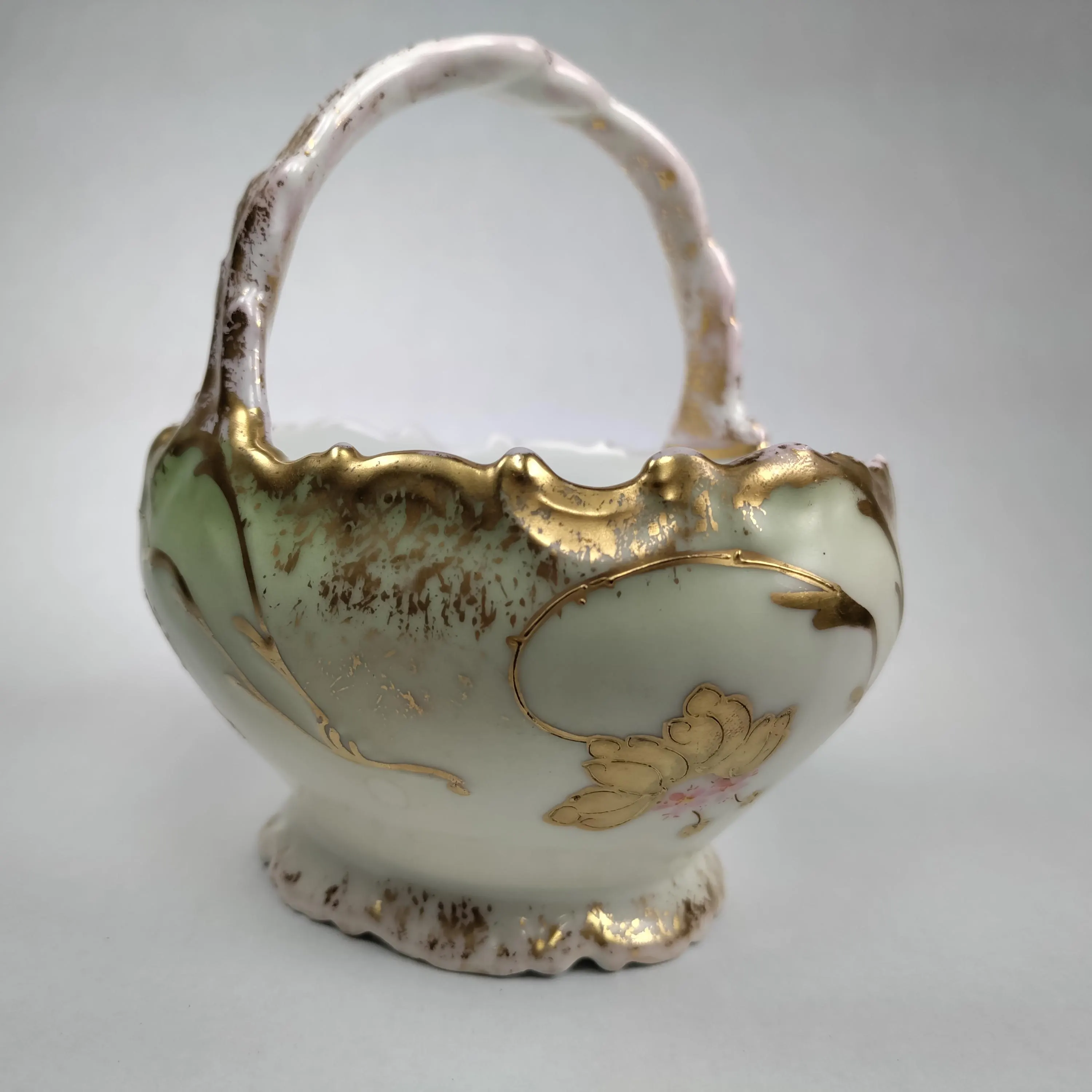Antique Limoges Porcelain Basket, Green and Pink Floral Enamel, 1800s - image 4