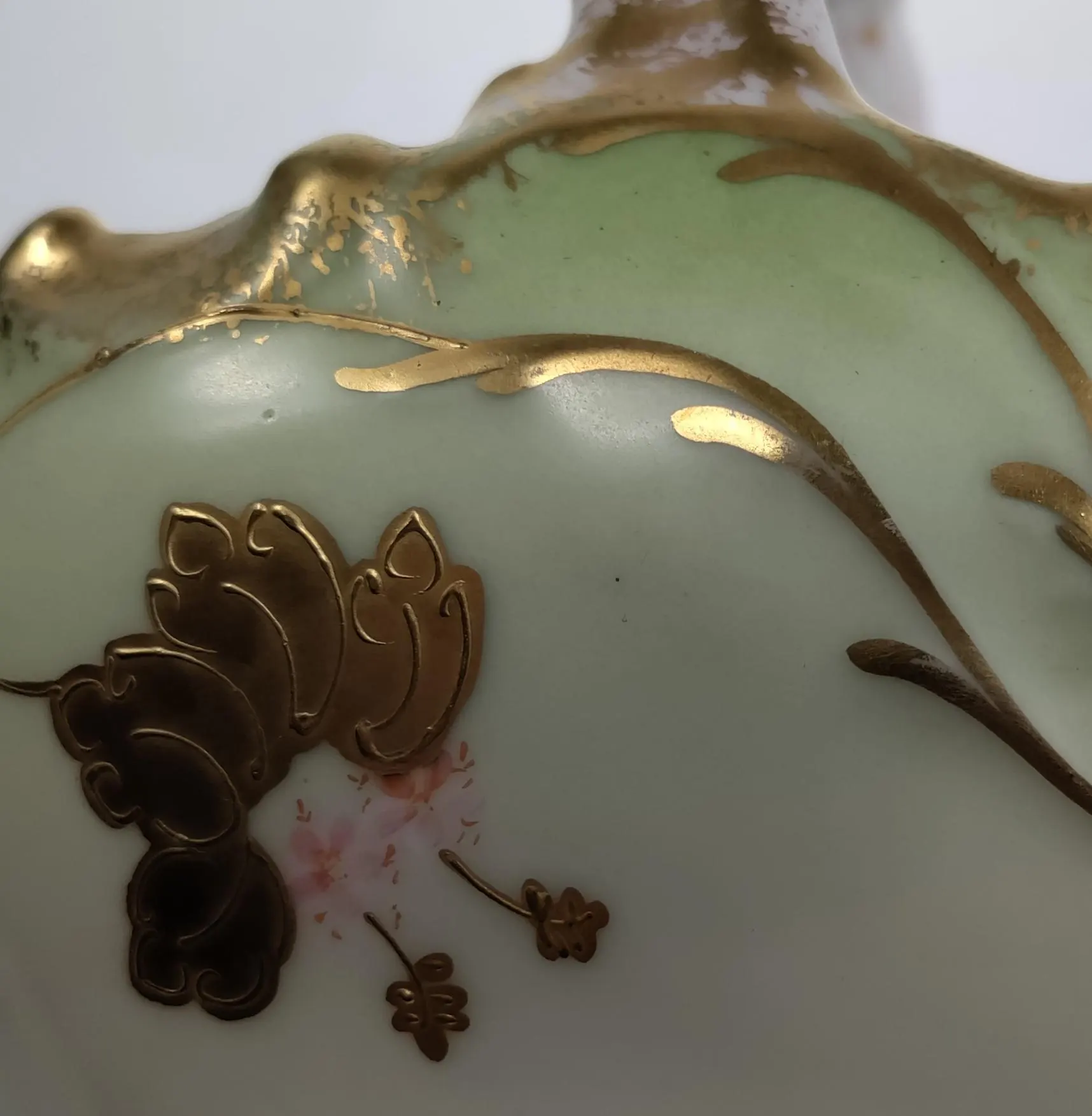 Antique Limoges Porcelain Basket, Green and Pink Floral Enamel, 1800s - image 3