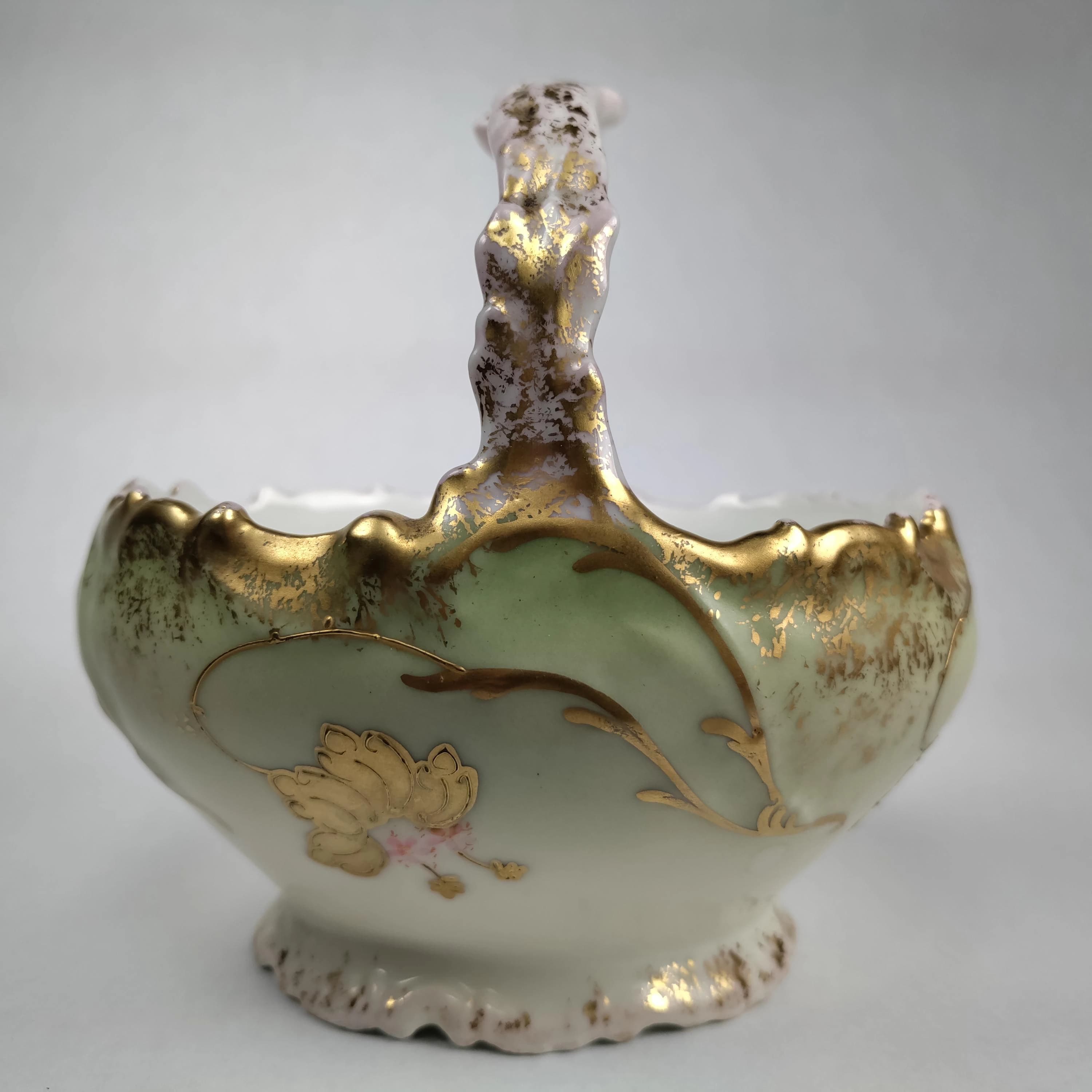 Antique Limoges Porcelain Basket, Green and Pink Floral Enamel, 1800s - image 5