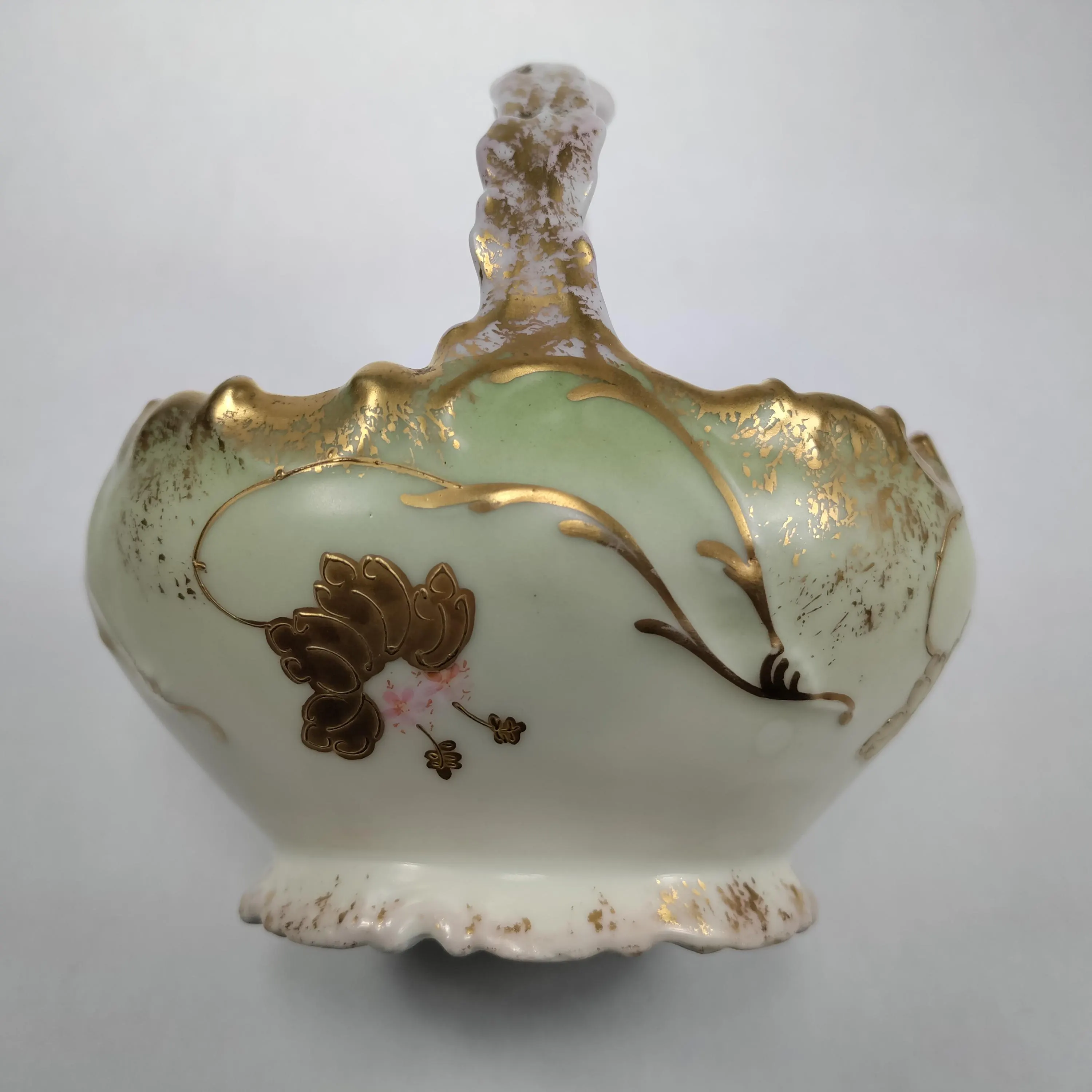 Antique Limoges Porcelain Basket, Green and Pink Floral Enamel, 1800s