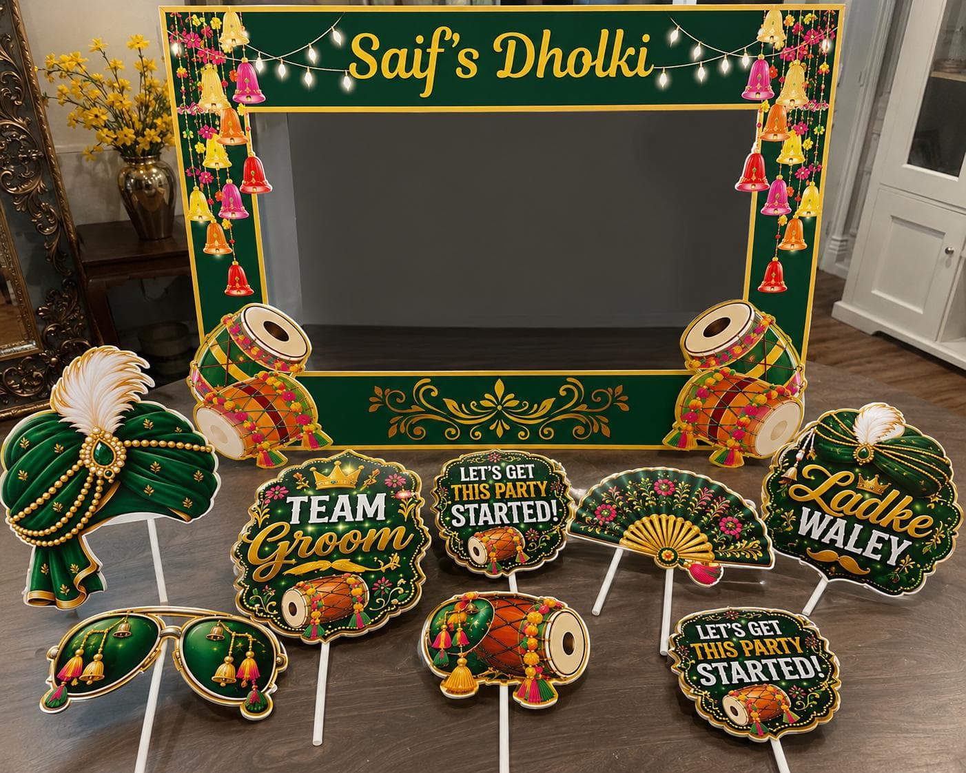 Personalized Dholki Photo Booth Frame, Floral Green Gold Props (Digital Download) - image 2