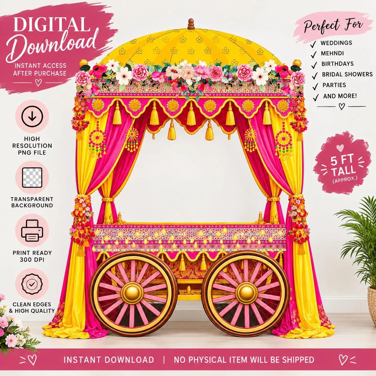 Indian Wedding Cart Photo Booth Backdrop | Floral Mehndi Haldi Party Decoration (Digital Download)
