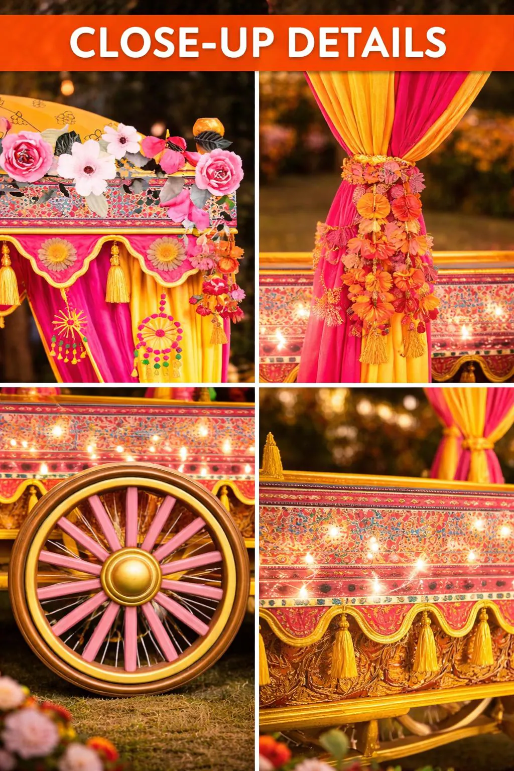 May include: Close-up details of a decorative, ornate cart with pink, yellow, and gold accents. The cart features floral arrangements, tassels, and intricate patterns. The text "CLOSE-UP DETAILS" is at the top. iys digital cutout prop