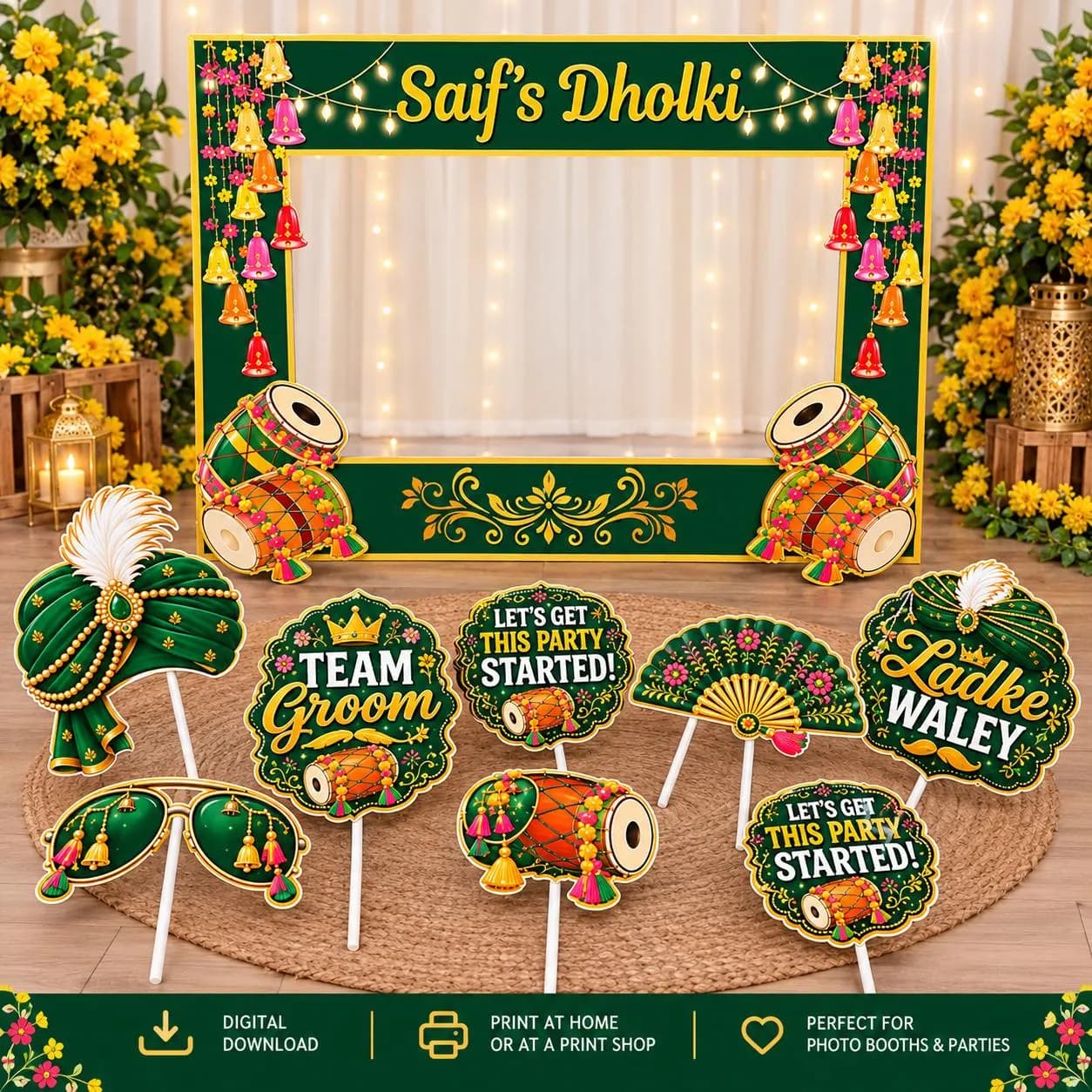 Personalized Dholki Photo Booth Frame, Floral Green Gold Props (Digital Download)