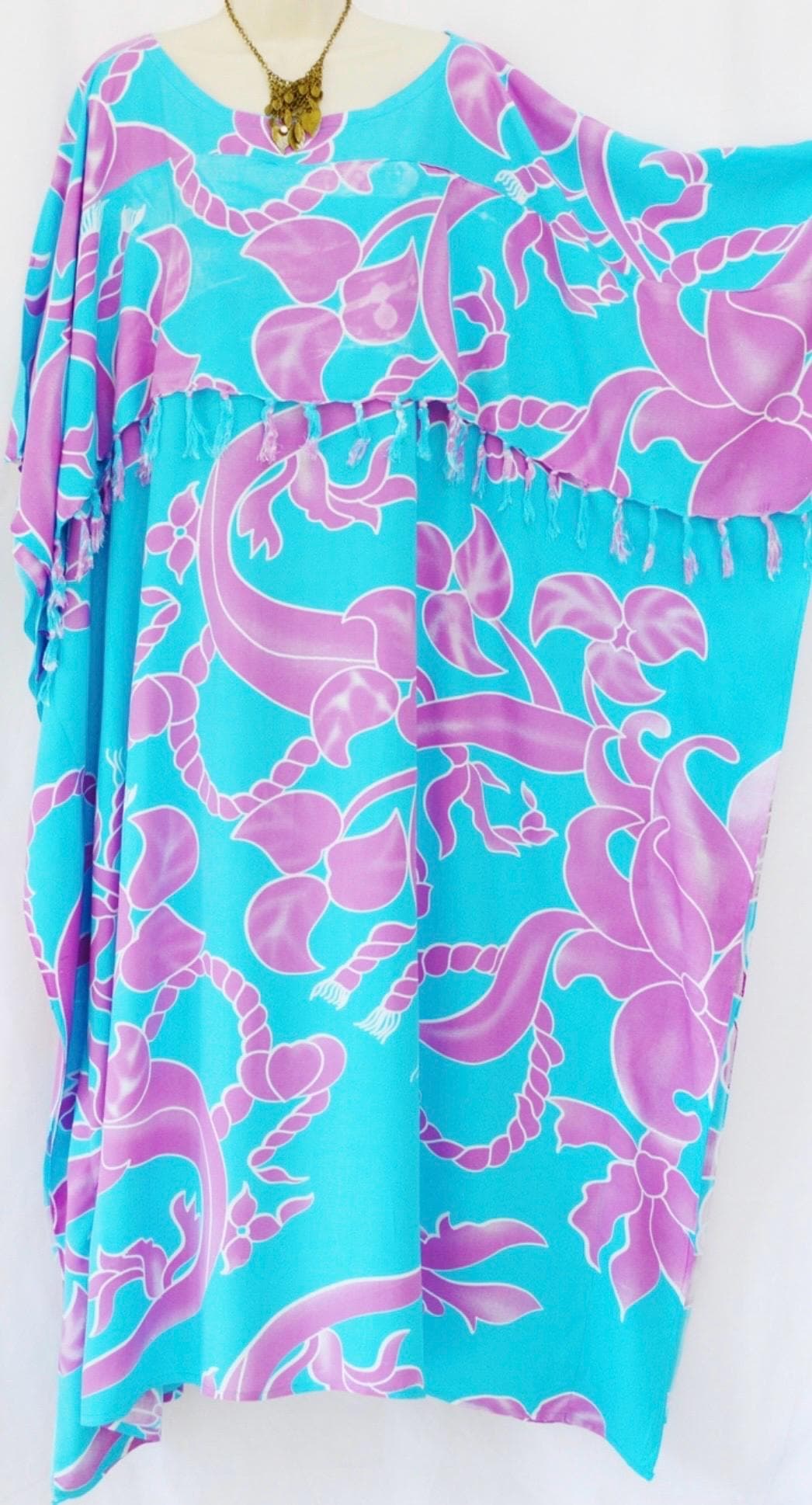 Floral Batik Rayon Kaftan Dress - Long Frill Tassel, One Size - image 3