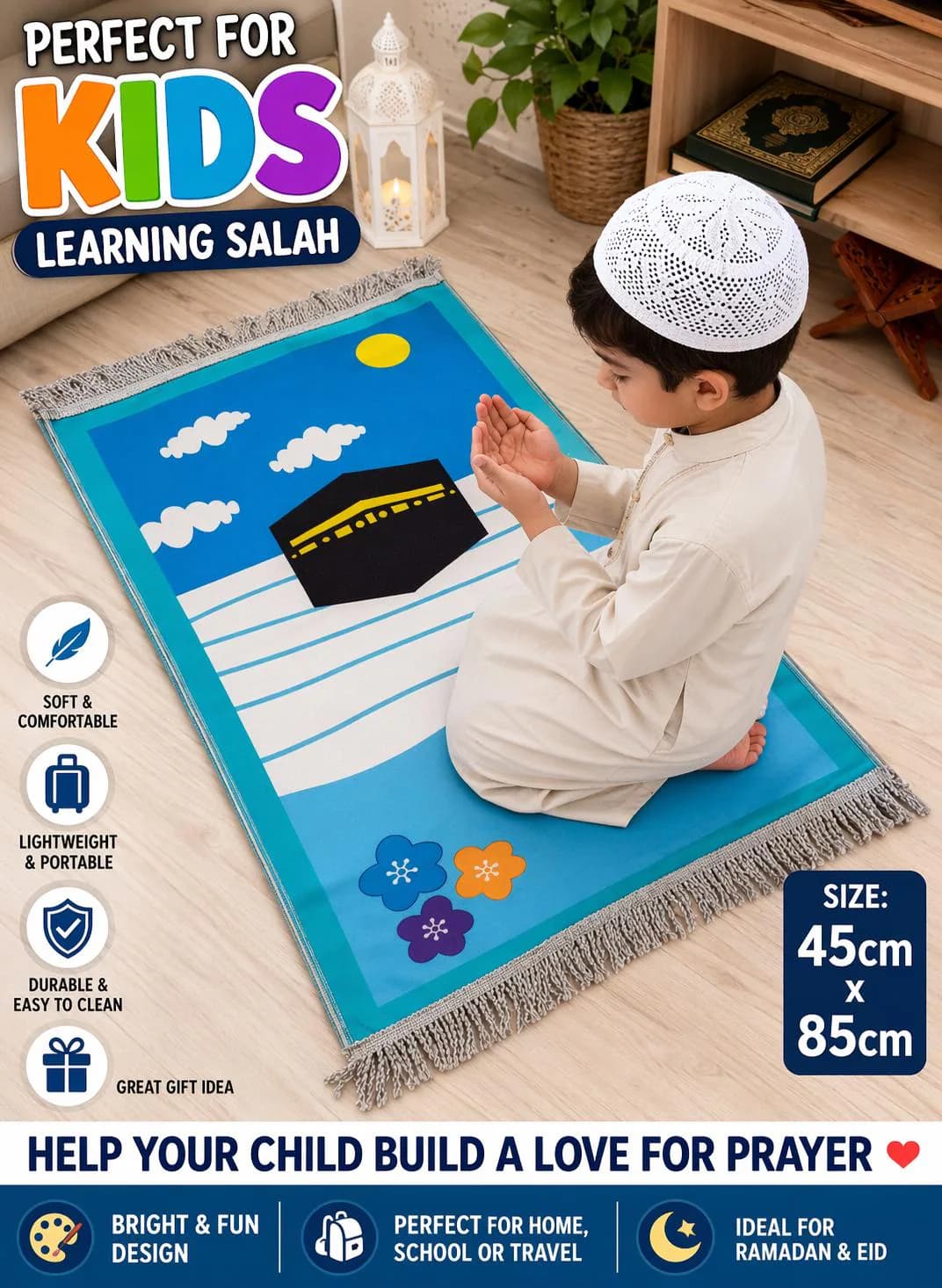 Kids Cartoon Prayer Mat – Islamic Learning Rug, Muslim Gift