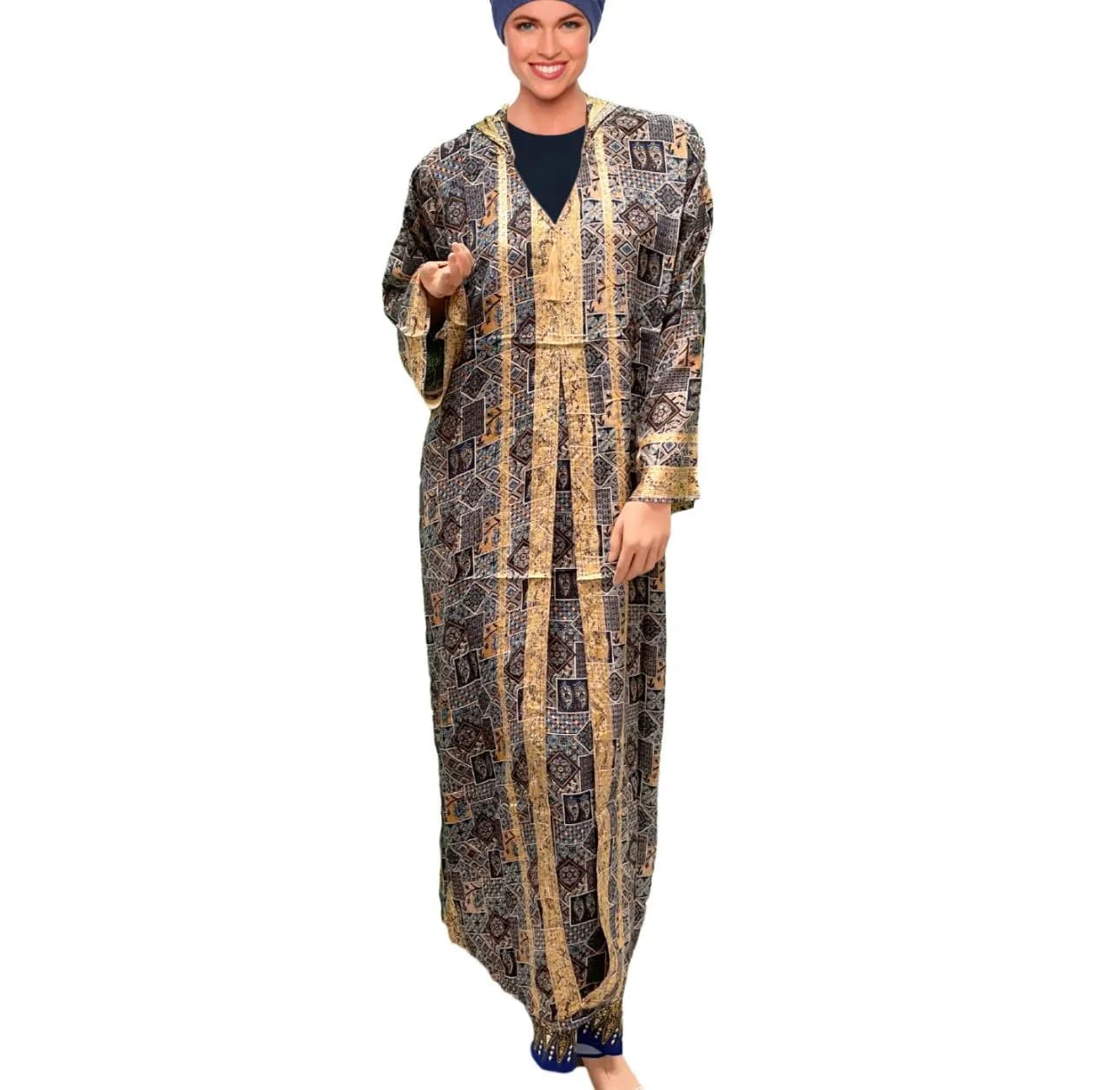 Ladies' Hooded Dubai Abaya Kaftan, Gold Detail, Maxi Jilbab