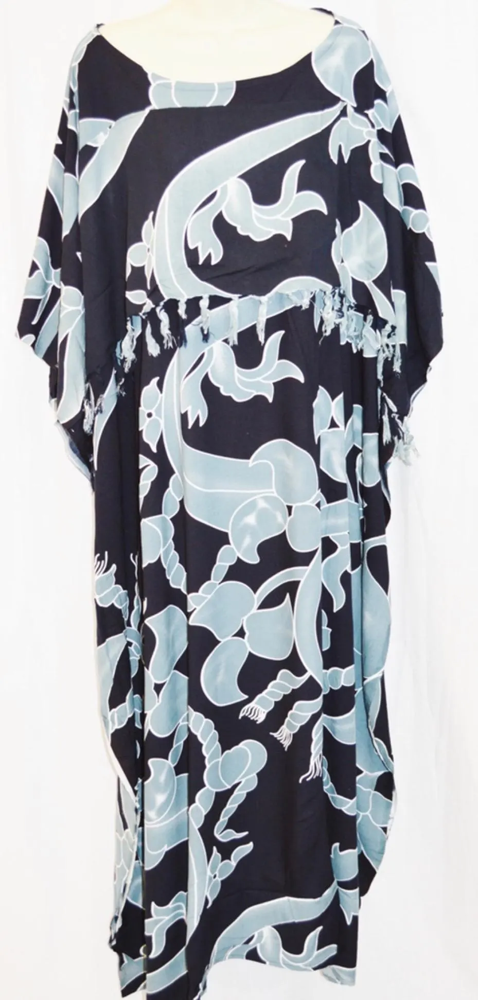 Floral Batik Rayon Kaftan Dress - Long Frill Tassel, One Size